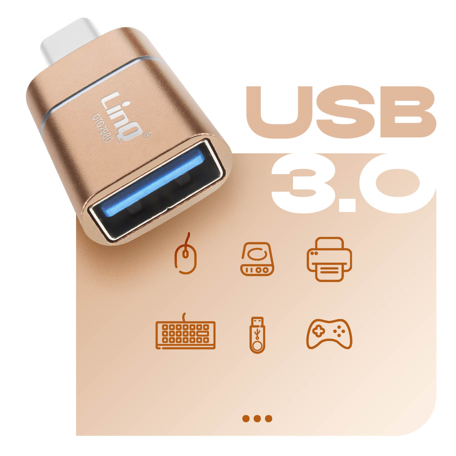 Adattatore USB 3.0 dorato con icone di dispositivi come mouse, tastiera e controller di gioco.