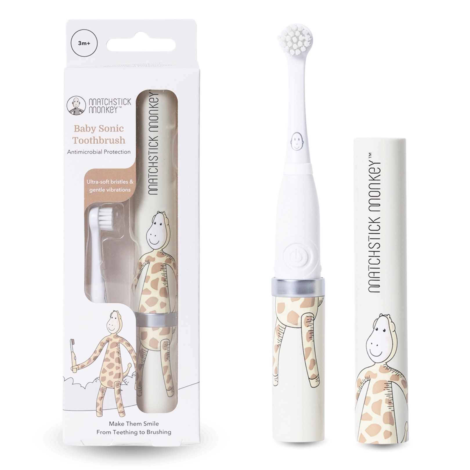 Ein Baby-Sonic-Zahnbürsten-Set mit Giraffendesign. Das Set enthält Bürste und Hülle.
