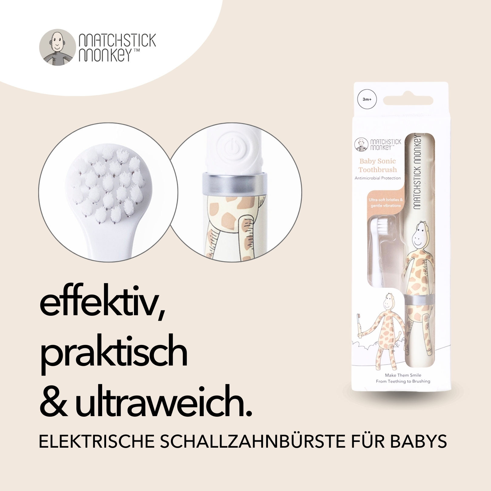 Eine Babyzahnbürste mit Giraffendesign wird mit Text auf Deutsch angezeigt.