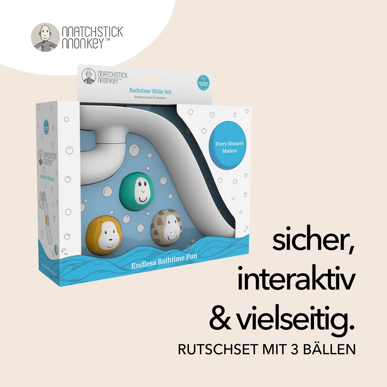 Eine Box mit drei Badespielzeugen wird gezeigt. Die Box enthält eine Rutsche und drei tierförmige Bälle.