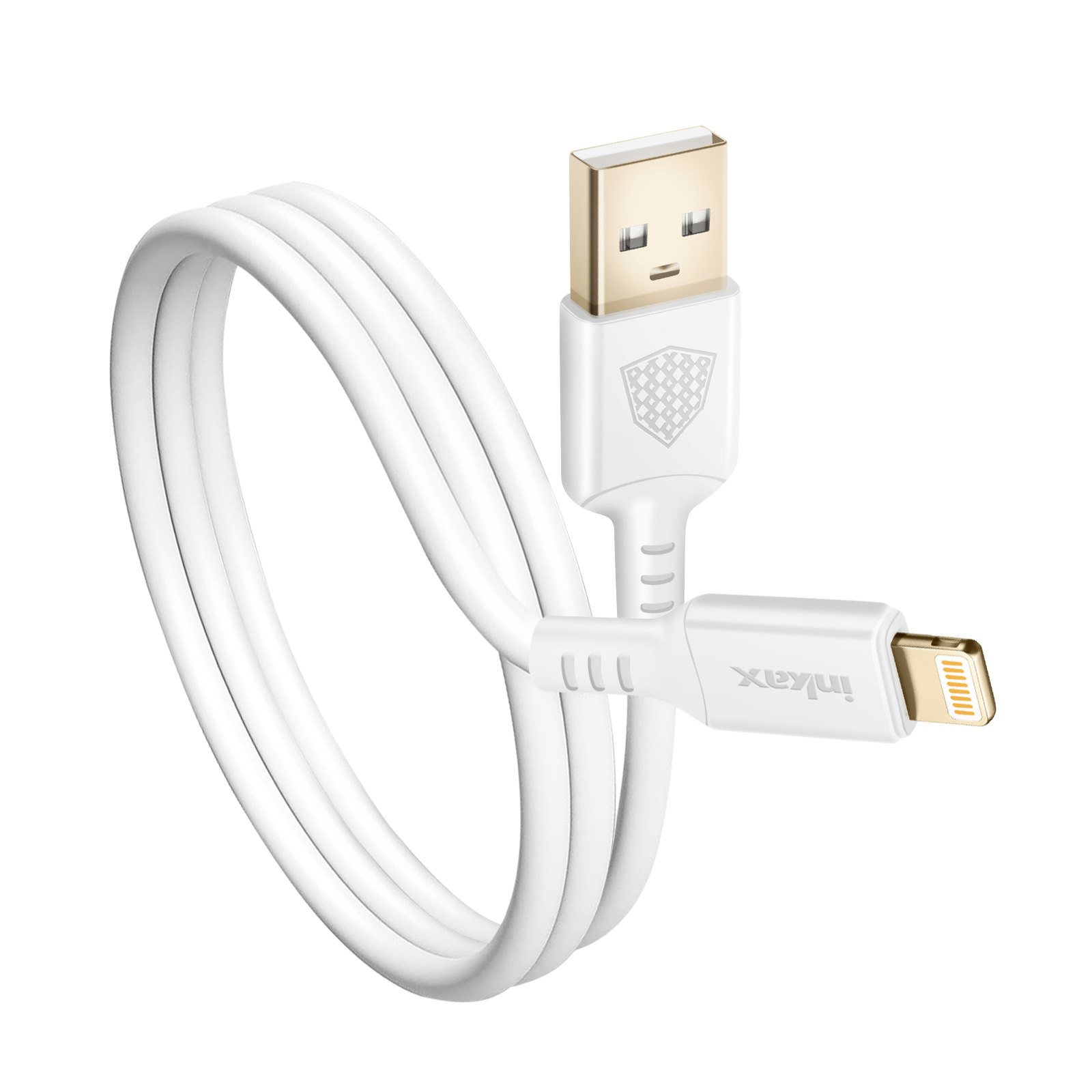 Câble USB vers Lightning blanc, enroulé et prêt à l'emploi.