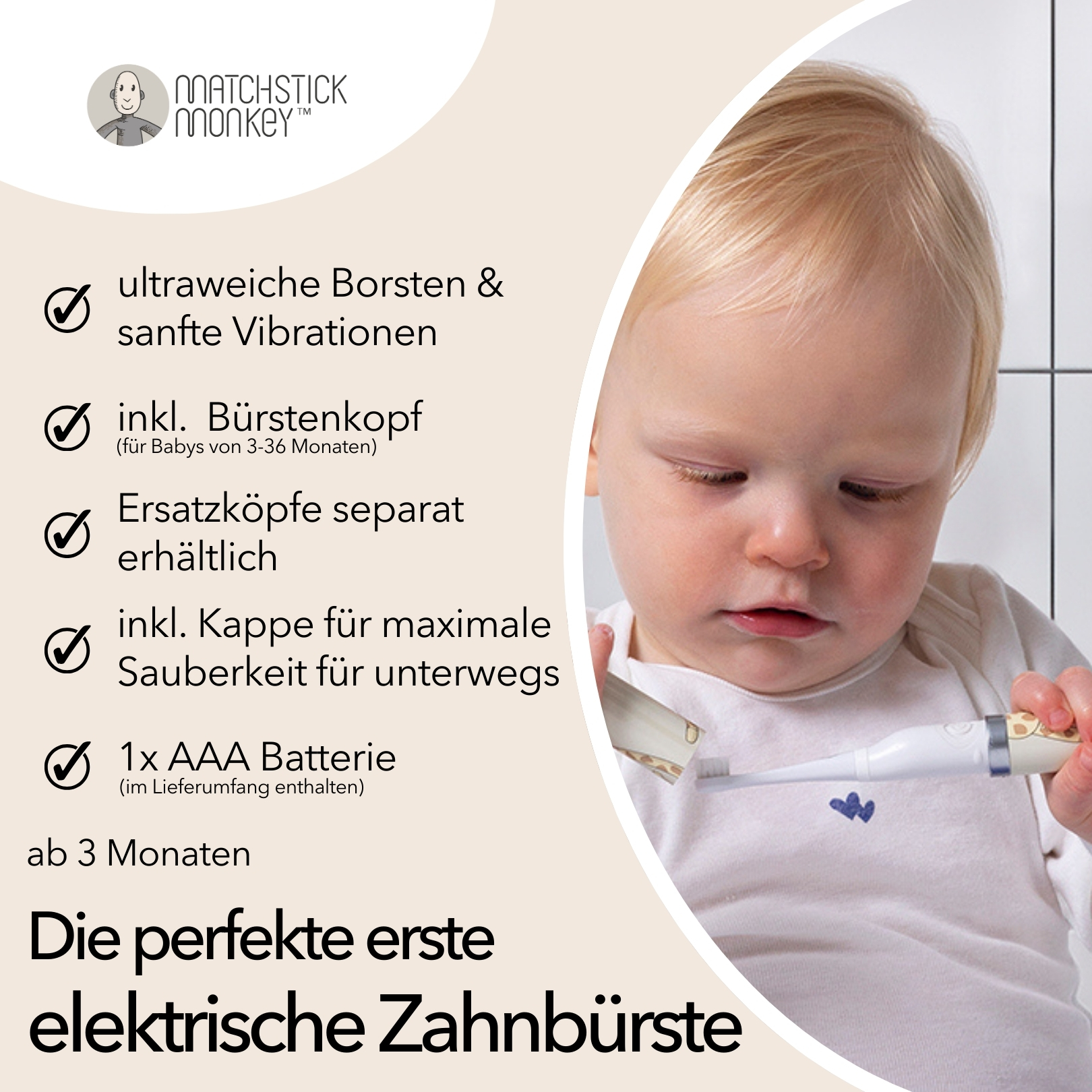 Ein blondes Baby hält eine elektrische Zahnbürste. Text links listet Merkmale auf.