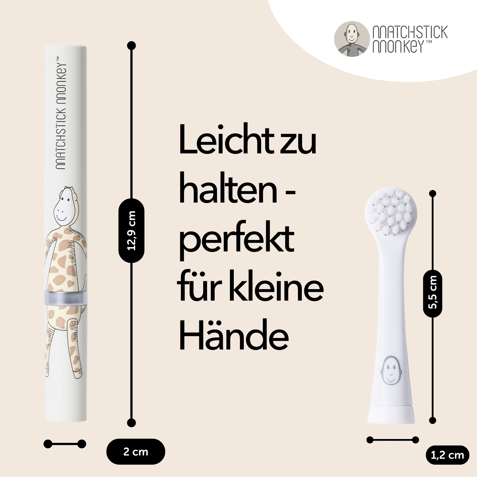 Ein Zahnbürstenkopf und ein Etui mit einer Giraffe, mit Maßen.