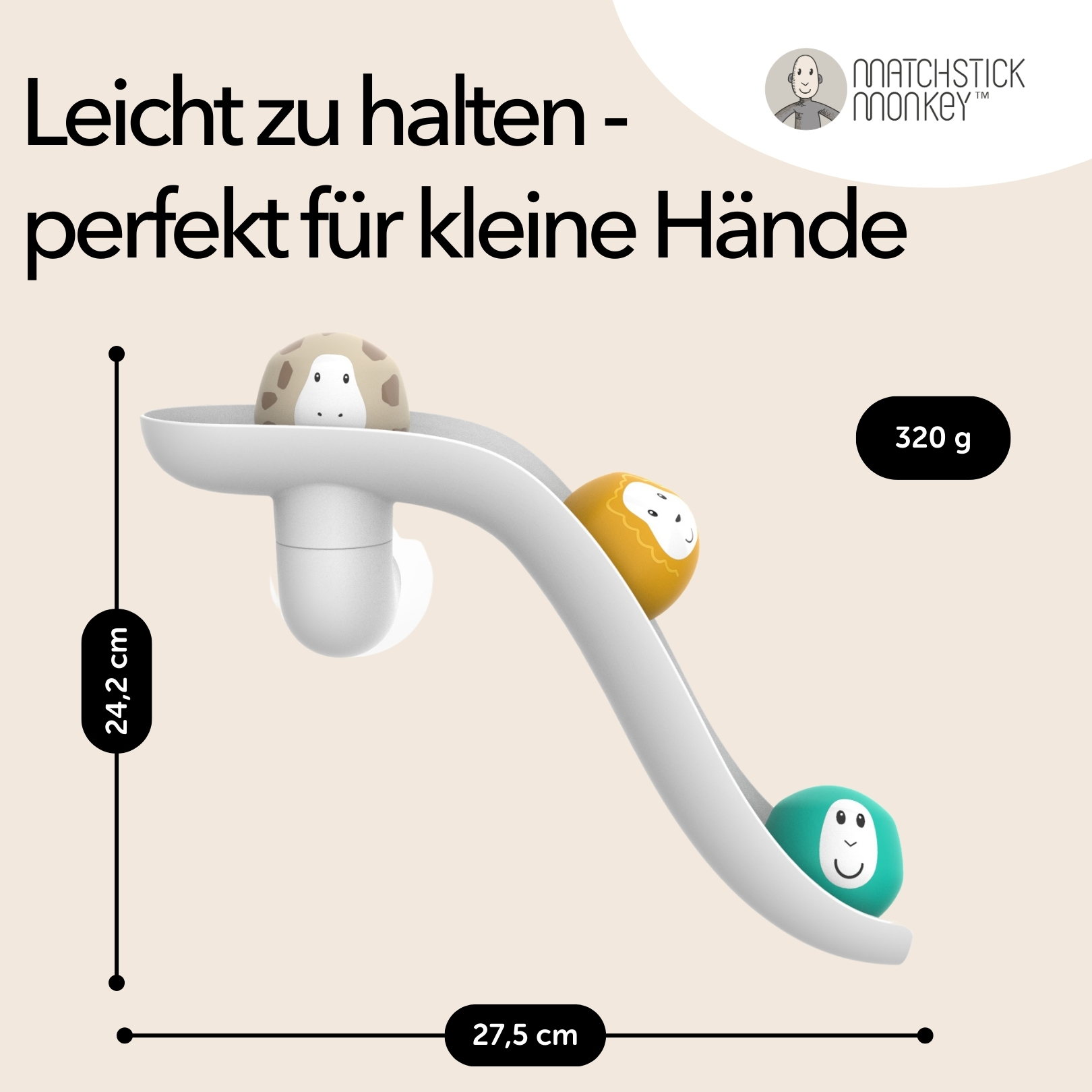 Ein weißes Rutschspielzeug mit drei bunten Bällen, mit Abmessungen und Markenlogo.