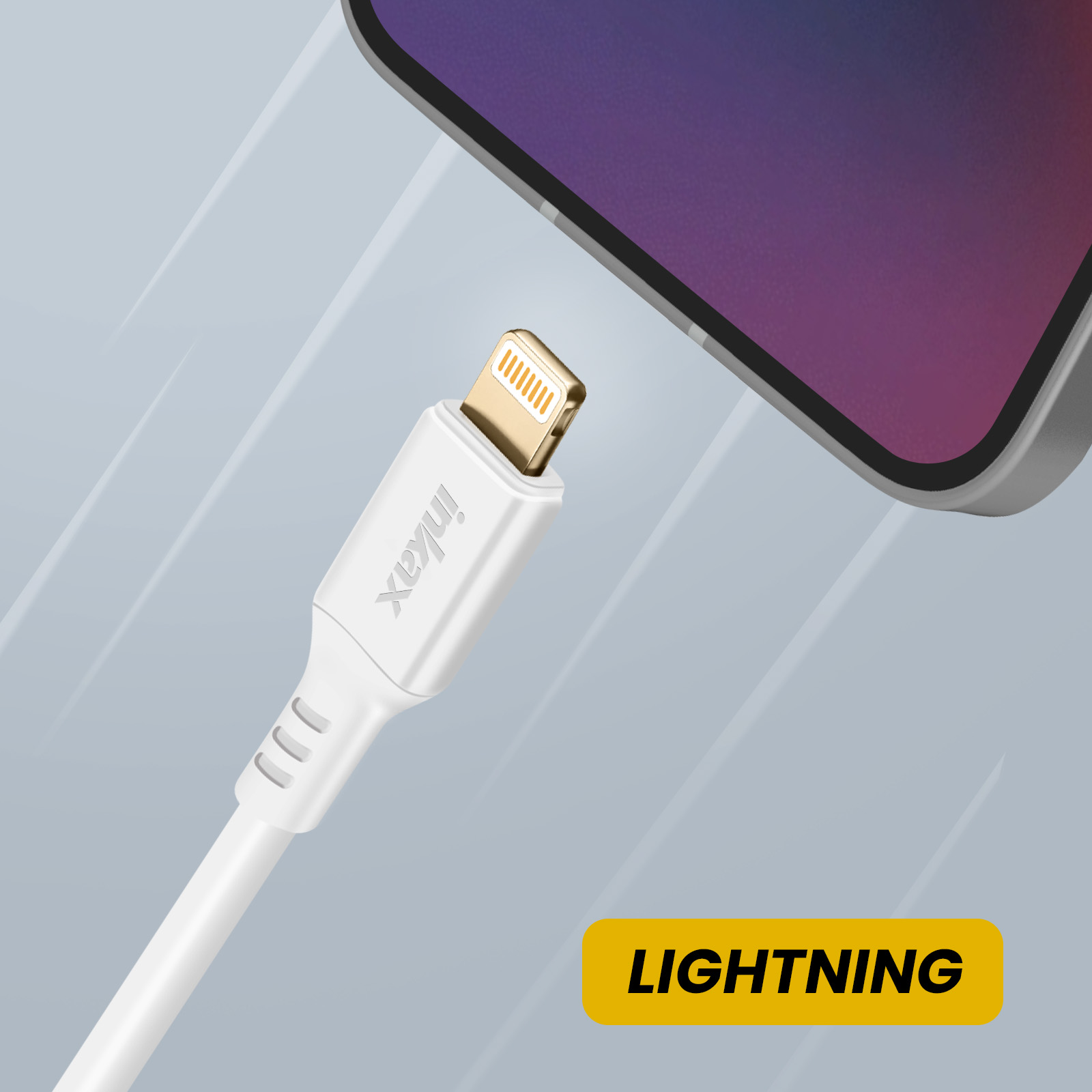 Câble Lightning blanc avec connecteur doré, près d'un smartphone.