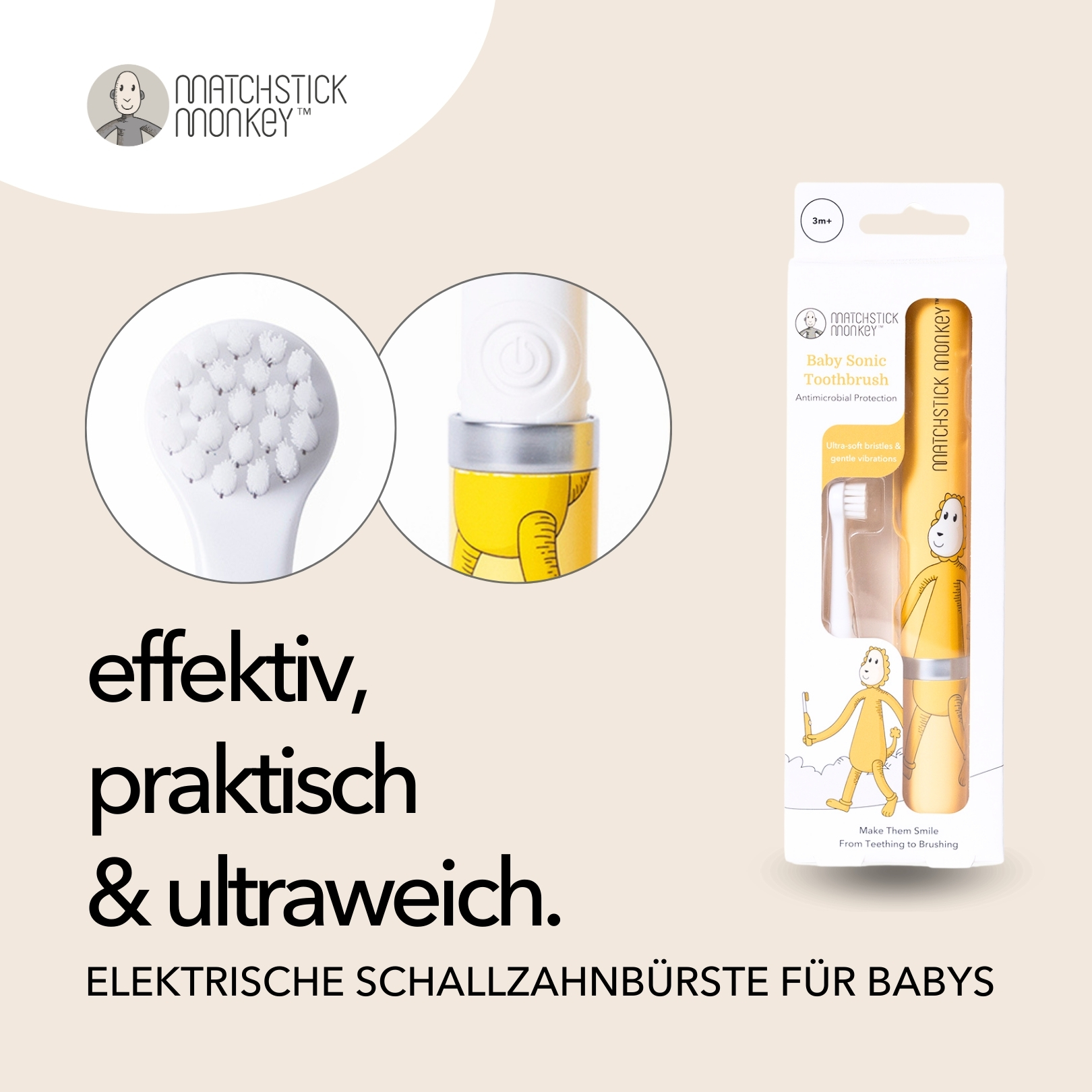 Baby-Schallzahnbürsten-Verpackung mit Zahnbürste und Text. Weißer Hintergrund.