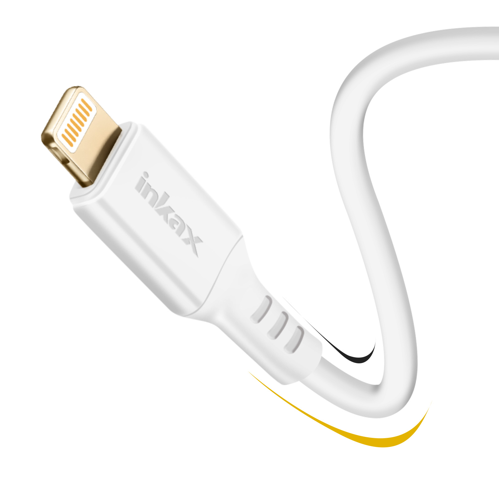Câble de charge blanc avec connecteur Lightning doré, sur fond blanc, vue en angle.