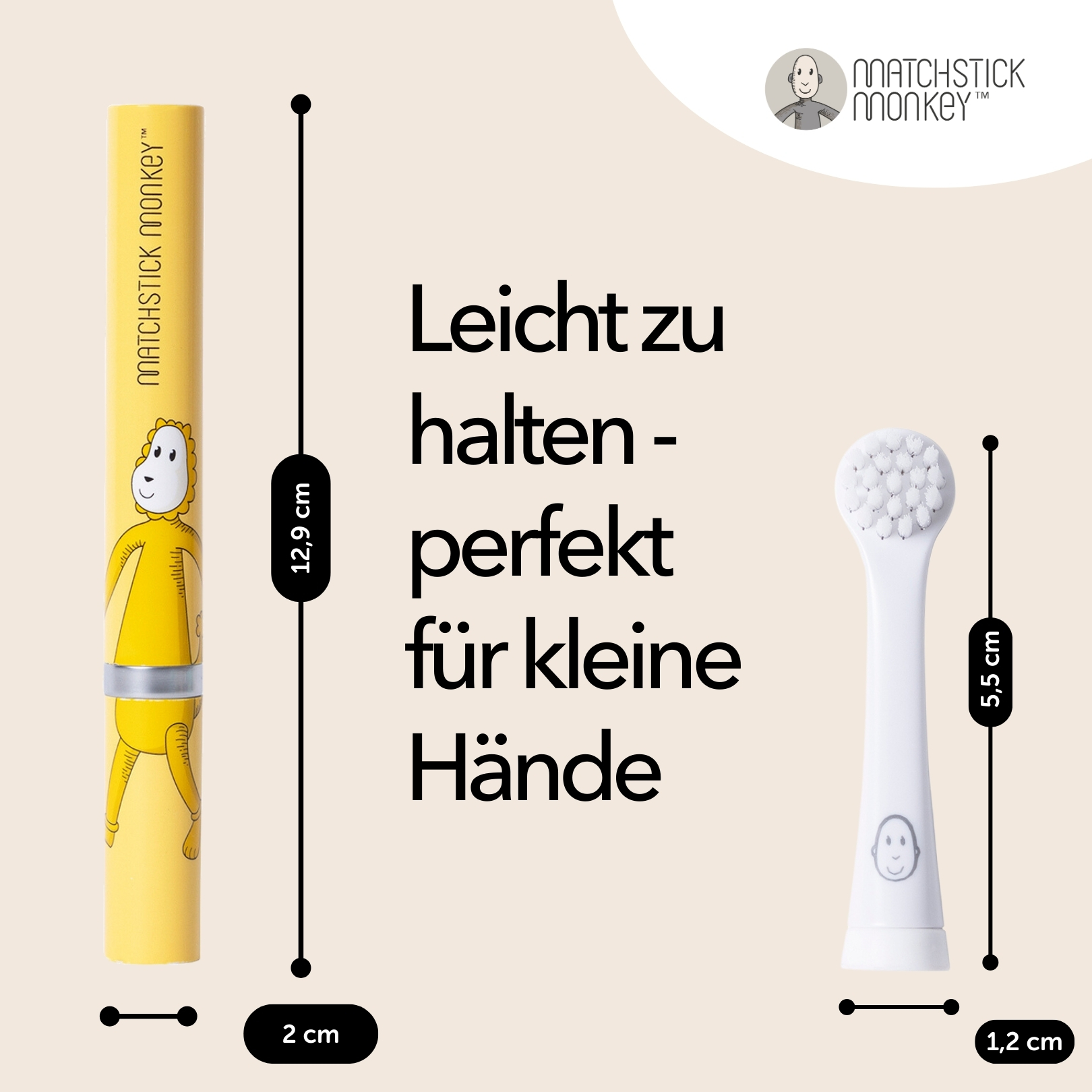 Gelbe Zahnbürste mit einem Cartoon-Affen. Text: Leicht zu halten - perfekt für kleine Hände. Abmessungen enthalten.