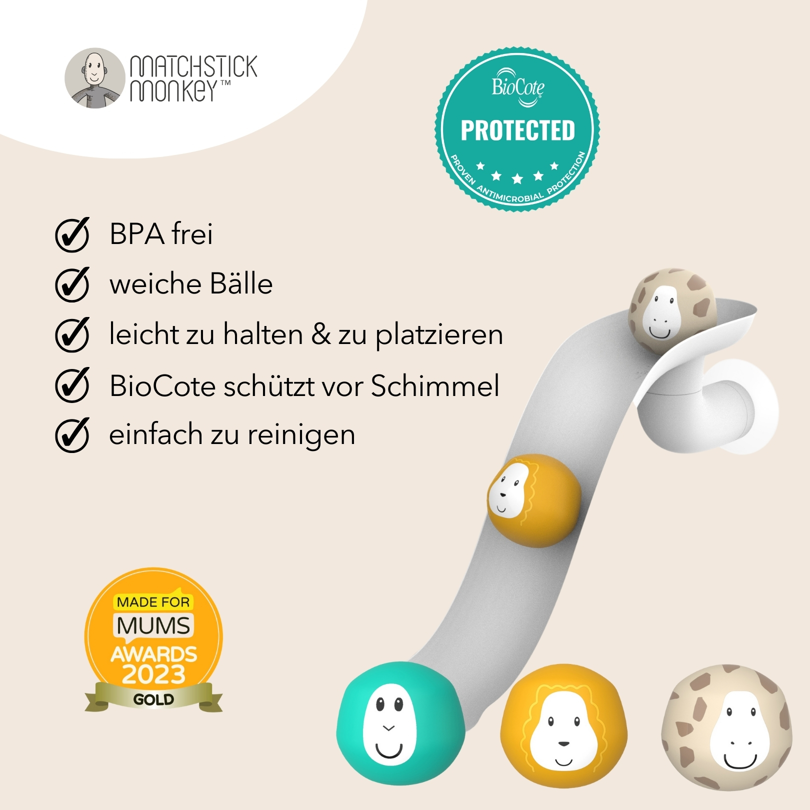 Bälle mit Tiergesichtern, Checkliste der Eigenschaften und eine Goldauszeichnung.