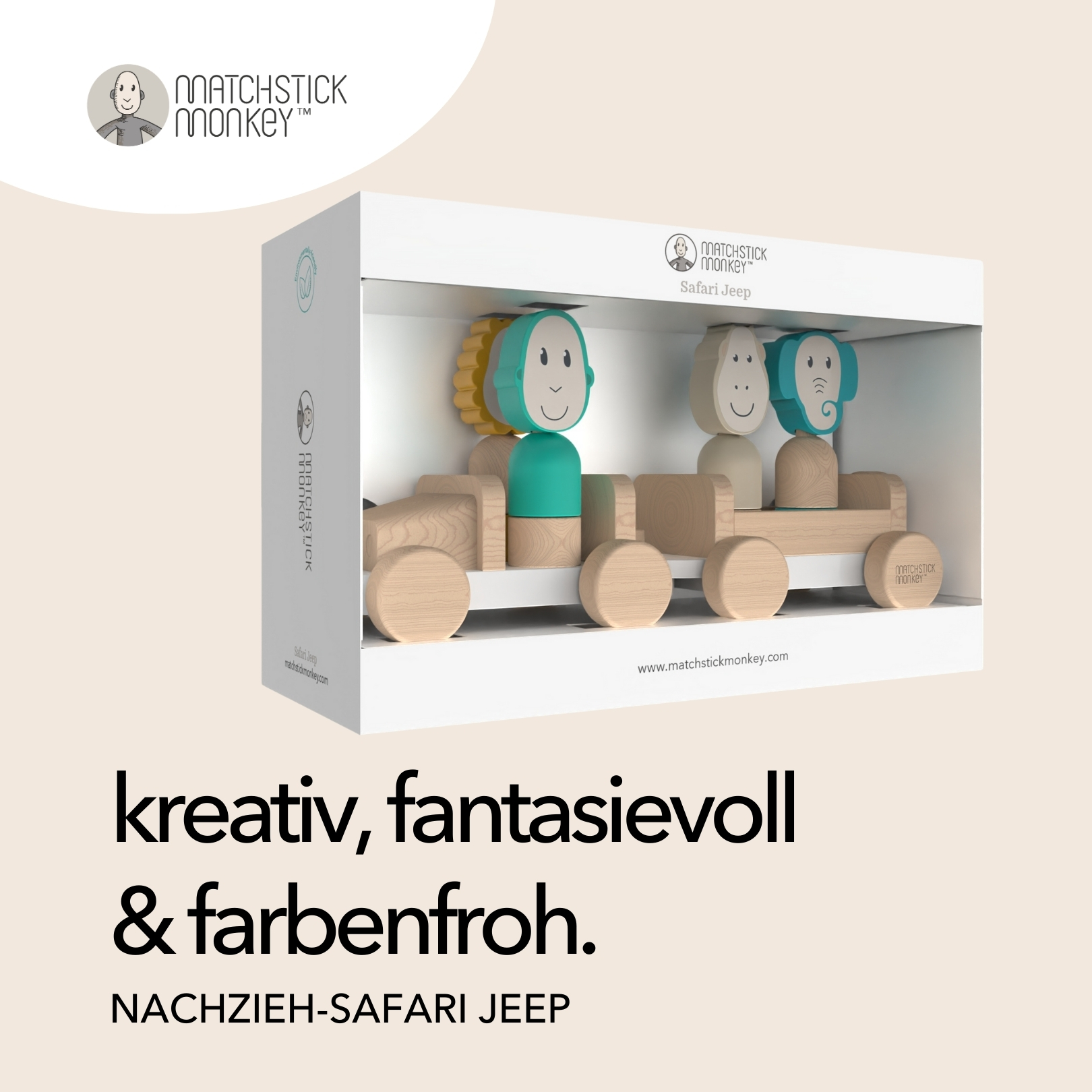 Safari-Jeep aus Holz mit Affen- und Giraffenfiguren.