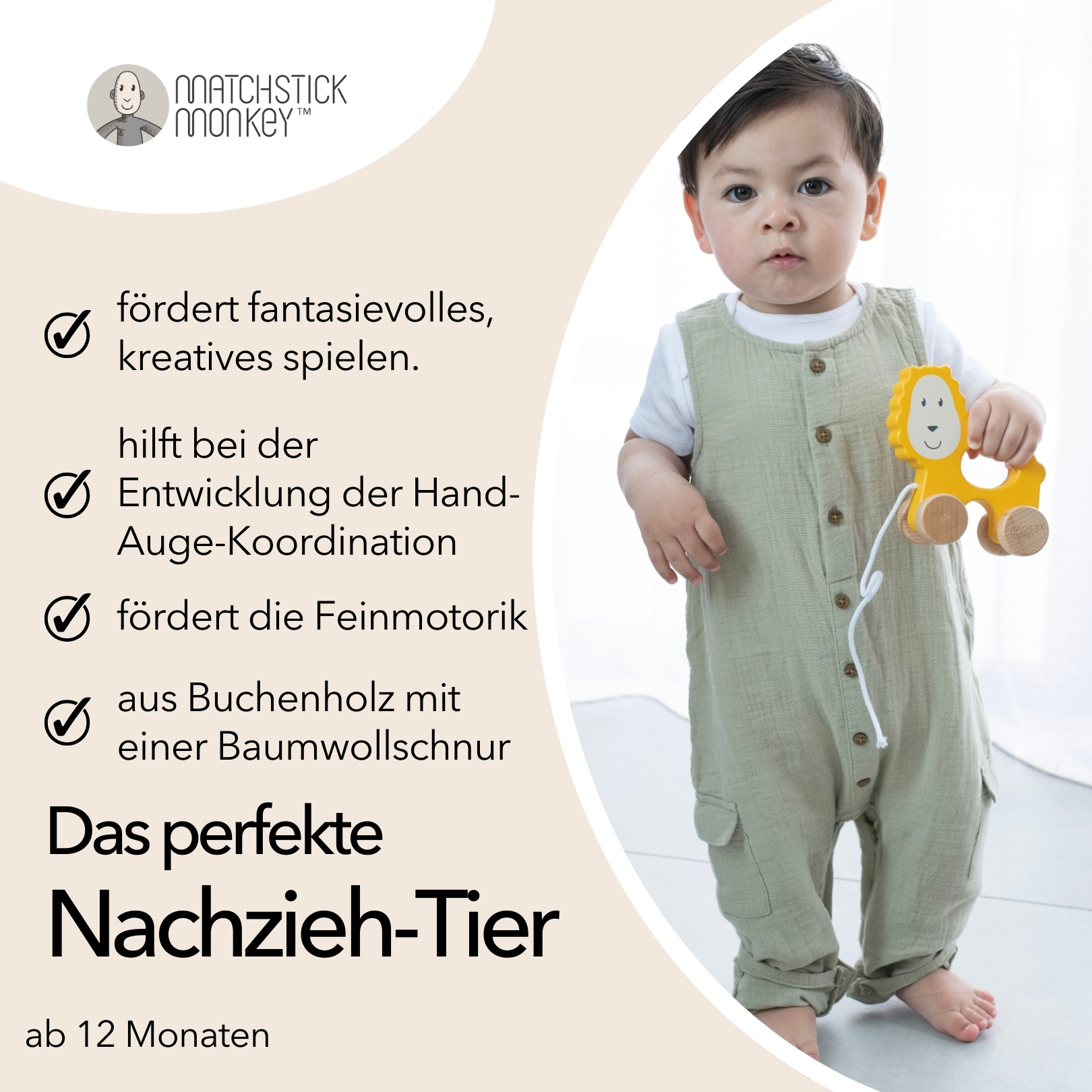 Ein Baby mit einem gelben Spielzeuglöwen. Texte mit Produktvorteilen werden angezeigt.