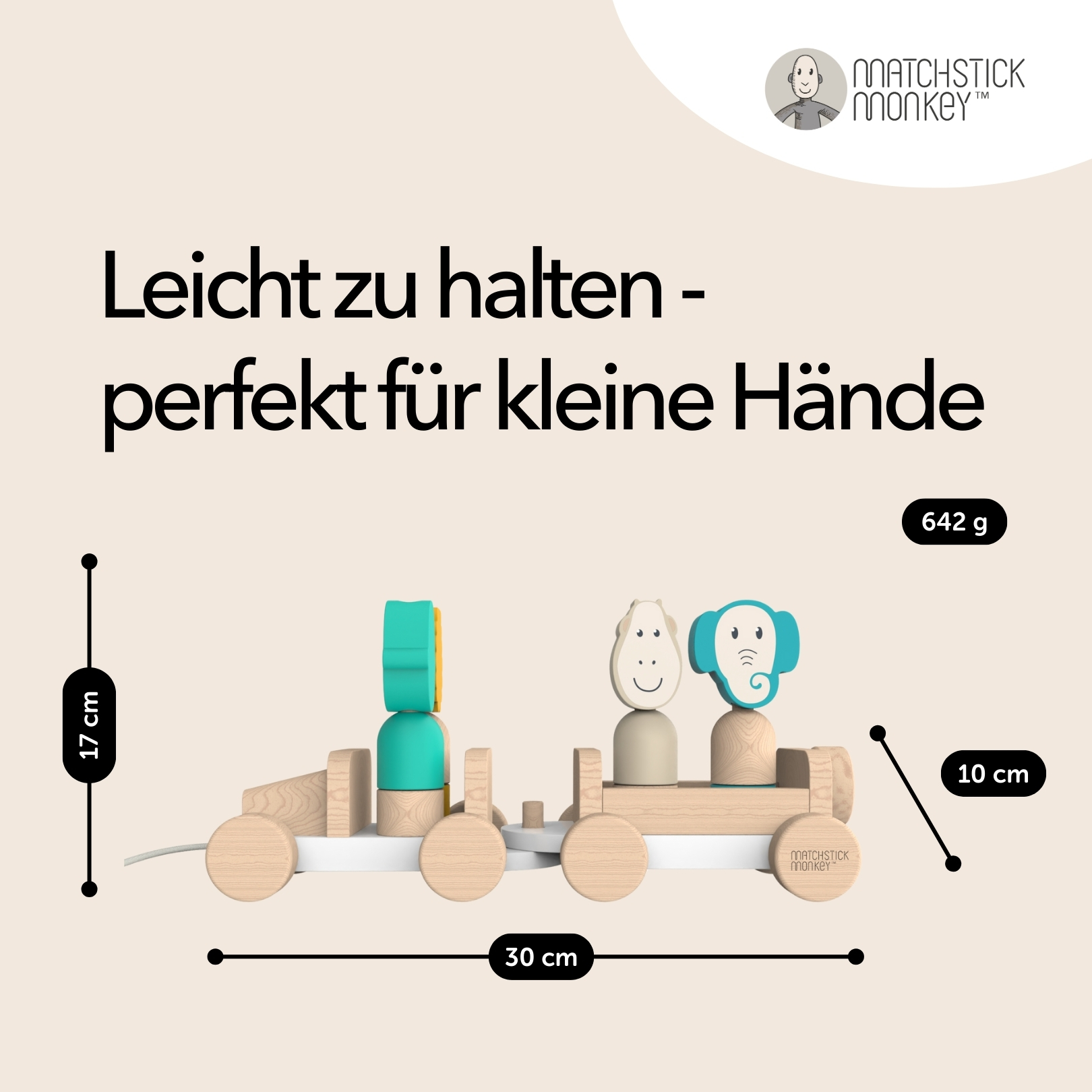 Holzeisenbahn mit Tierfiguren, Text und Maßen. Perfekt für kleine Hände.