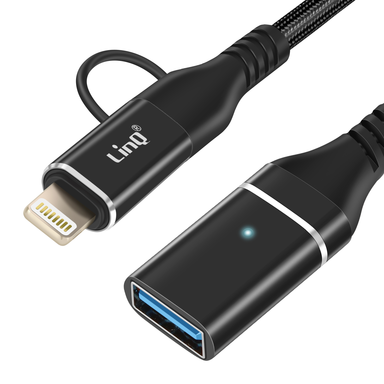 Schwarzes Ladekabel mit Lightning-Anschluss und USB-A-Anschluss. Marke Linq.