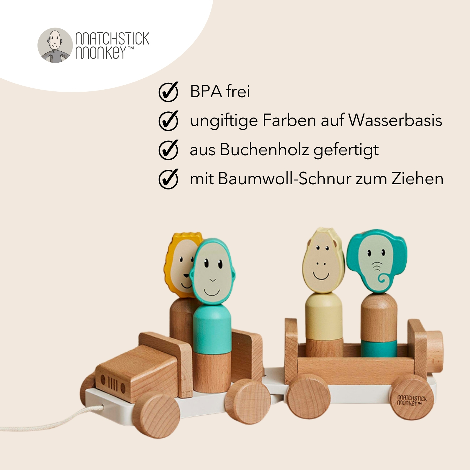 Holzeisenbahn mit drei Figuren. Text über Eigenschaften. Weißer Hintergrund. Helle Farben.