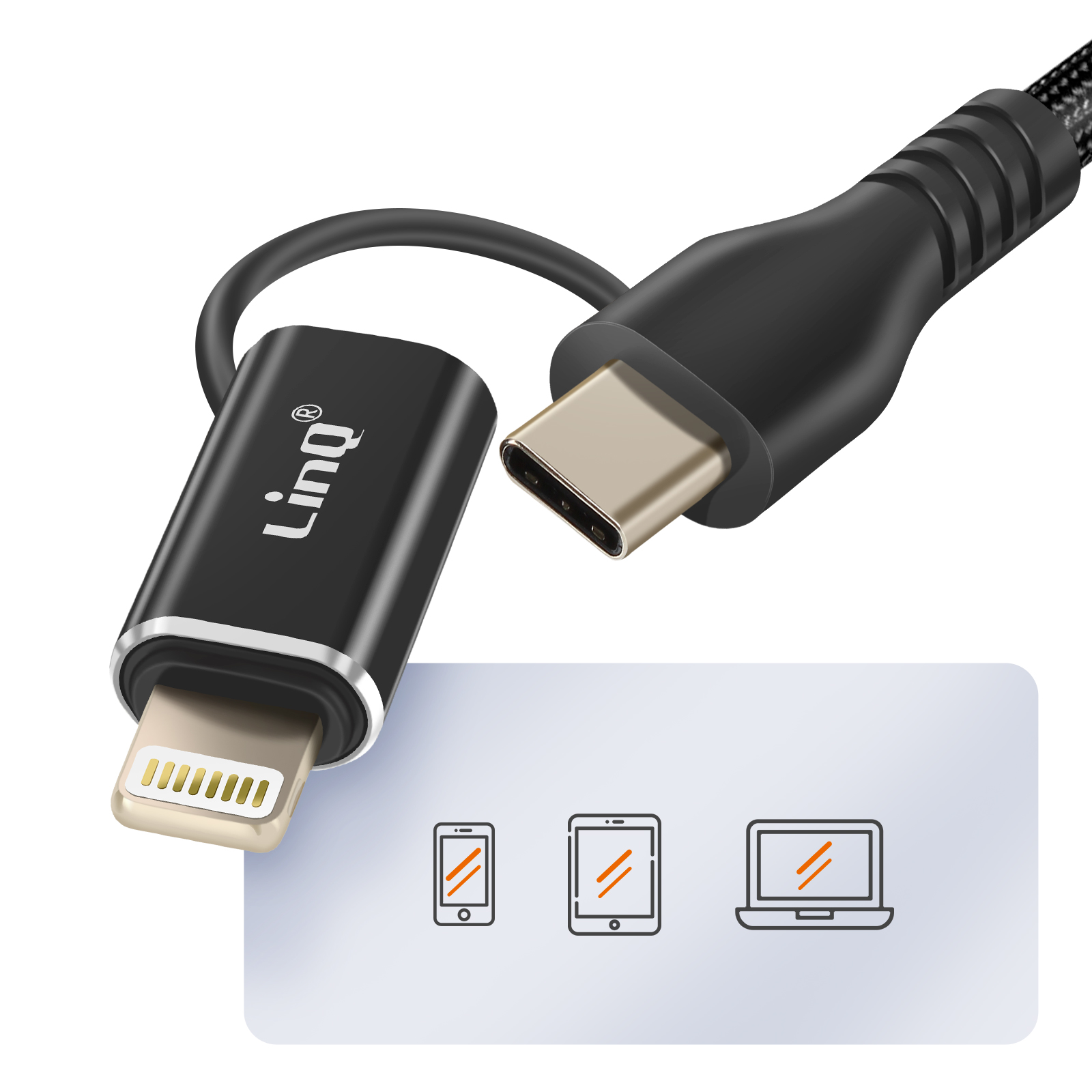 Schwarz-silberner USB-C-auf-Lightning-Adapter. Der Adapter hat drei Symbole für Geräte.
