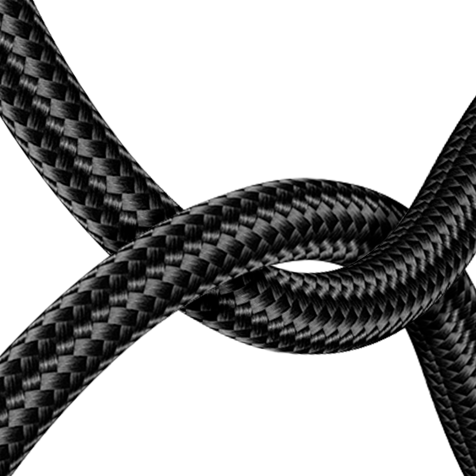 Nahaufnahme eines schwarzen geflochtenen Kabels. Das Kabel ist ineinander verschlungen. Weißer Hintergrund.