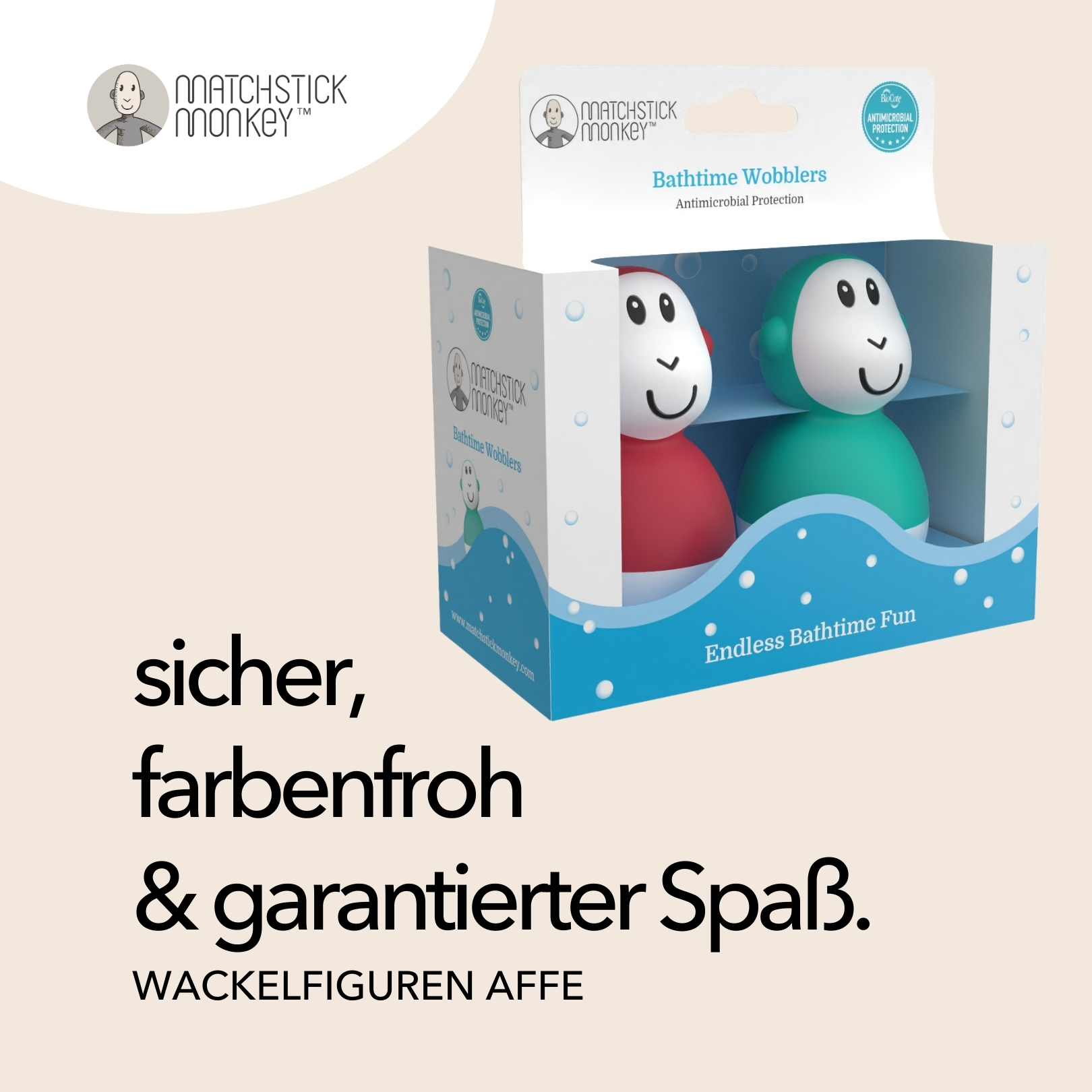 Zwei Spielzeugaffen in einer Box. Text sagt, dass sie sicher, farbenfroh sind und Spaß garantieren.