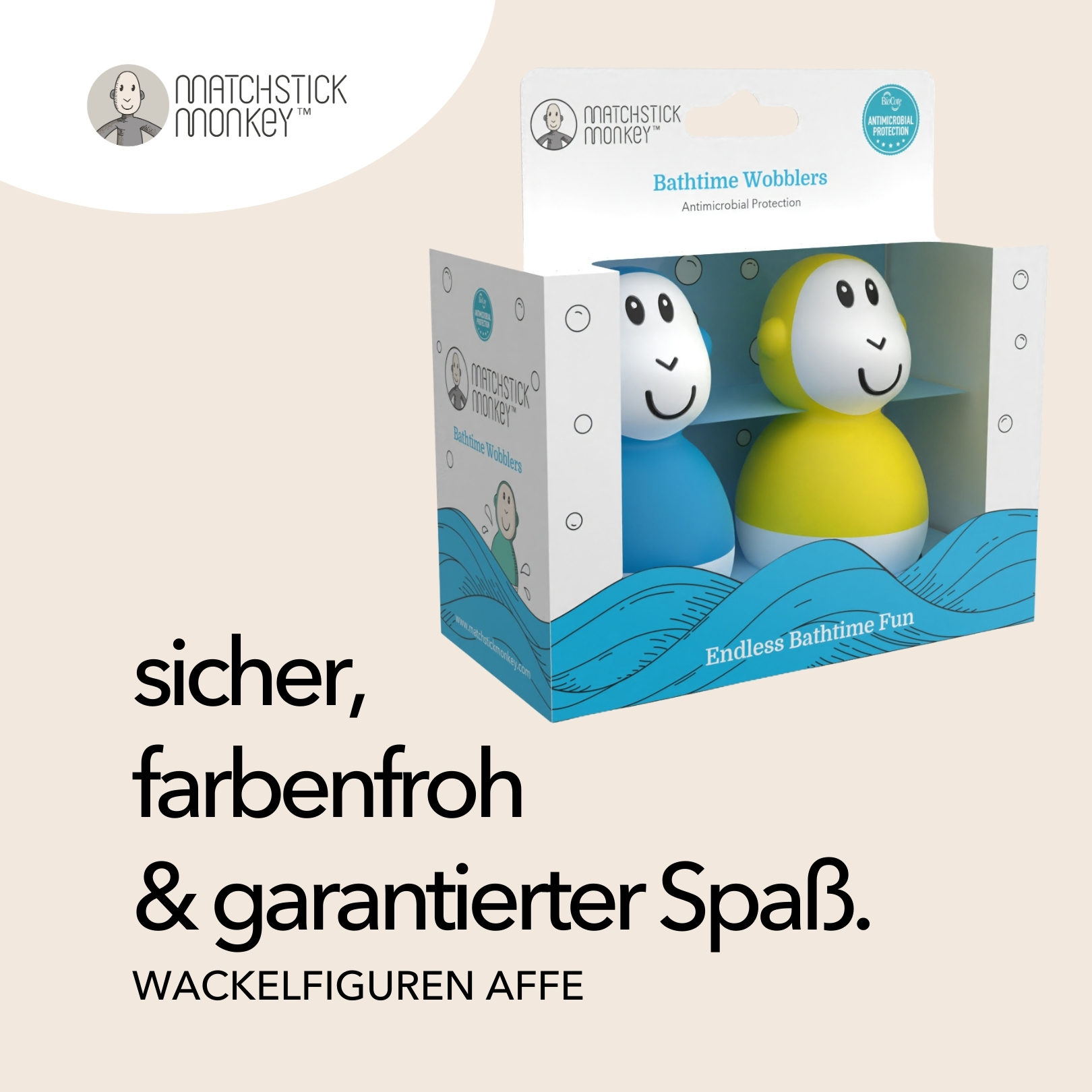 Karton mit zwei Spielzeugaffen. Der Text auf der Schachtel lautet 'Endless Bathtime fun' und 'Bathtime Wobblers'.