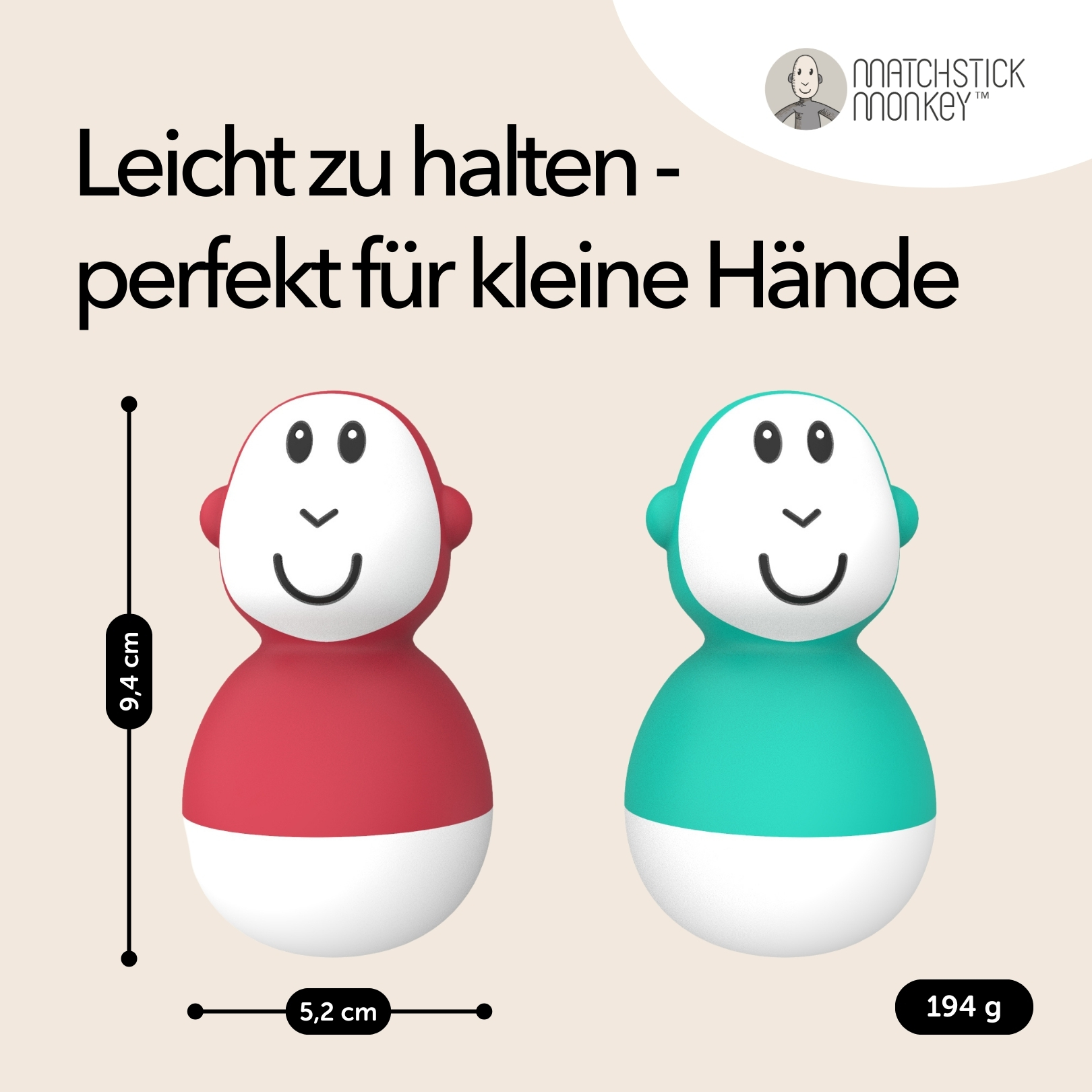 Zwei affenförmige Spielzeuge. Eines rot und eines türkis. Abmessungen und Gewicht sind ebenfalls angegeben.