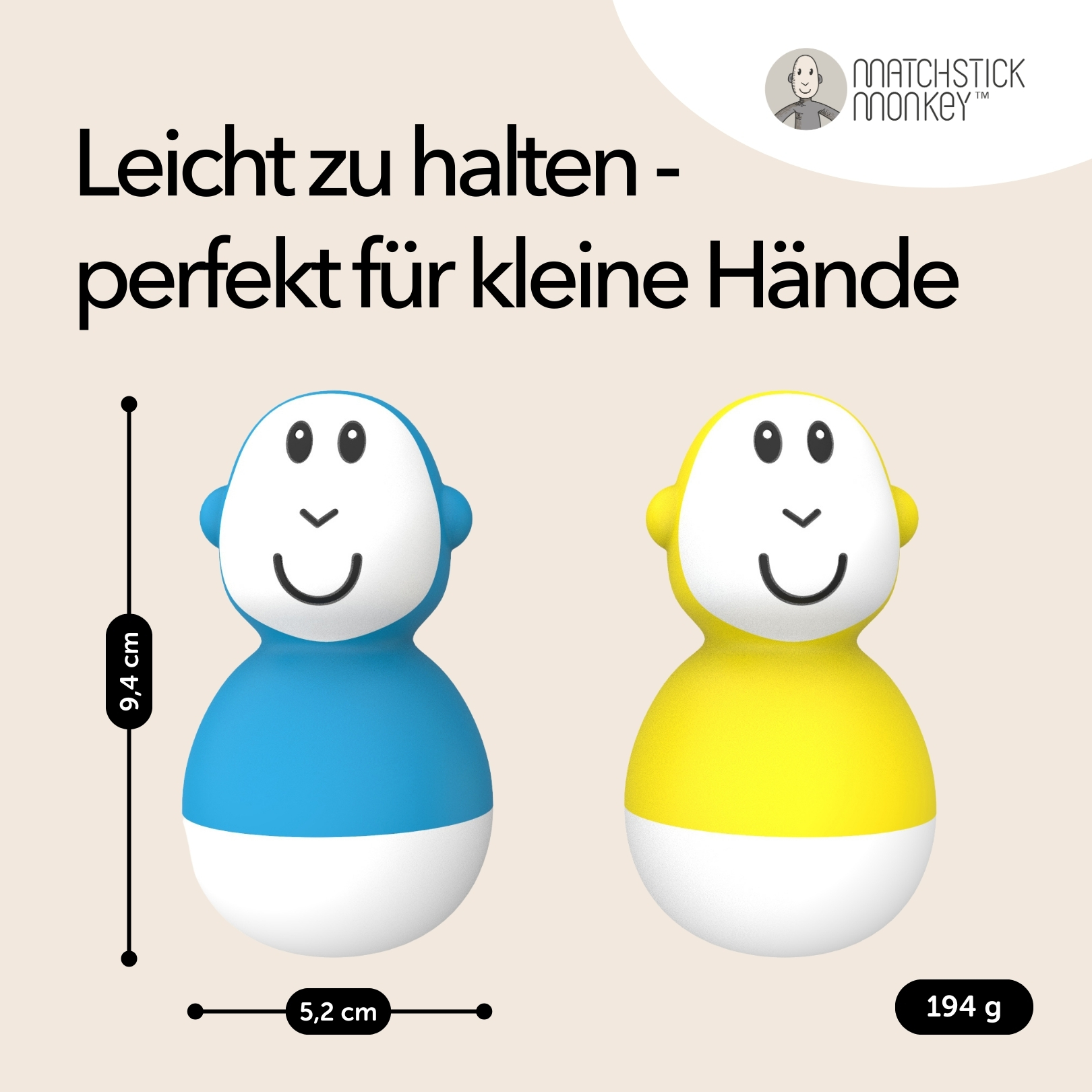 Zwei bunte Badespielzeuge, blau und gelb, mit Text und Abmessungen.