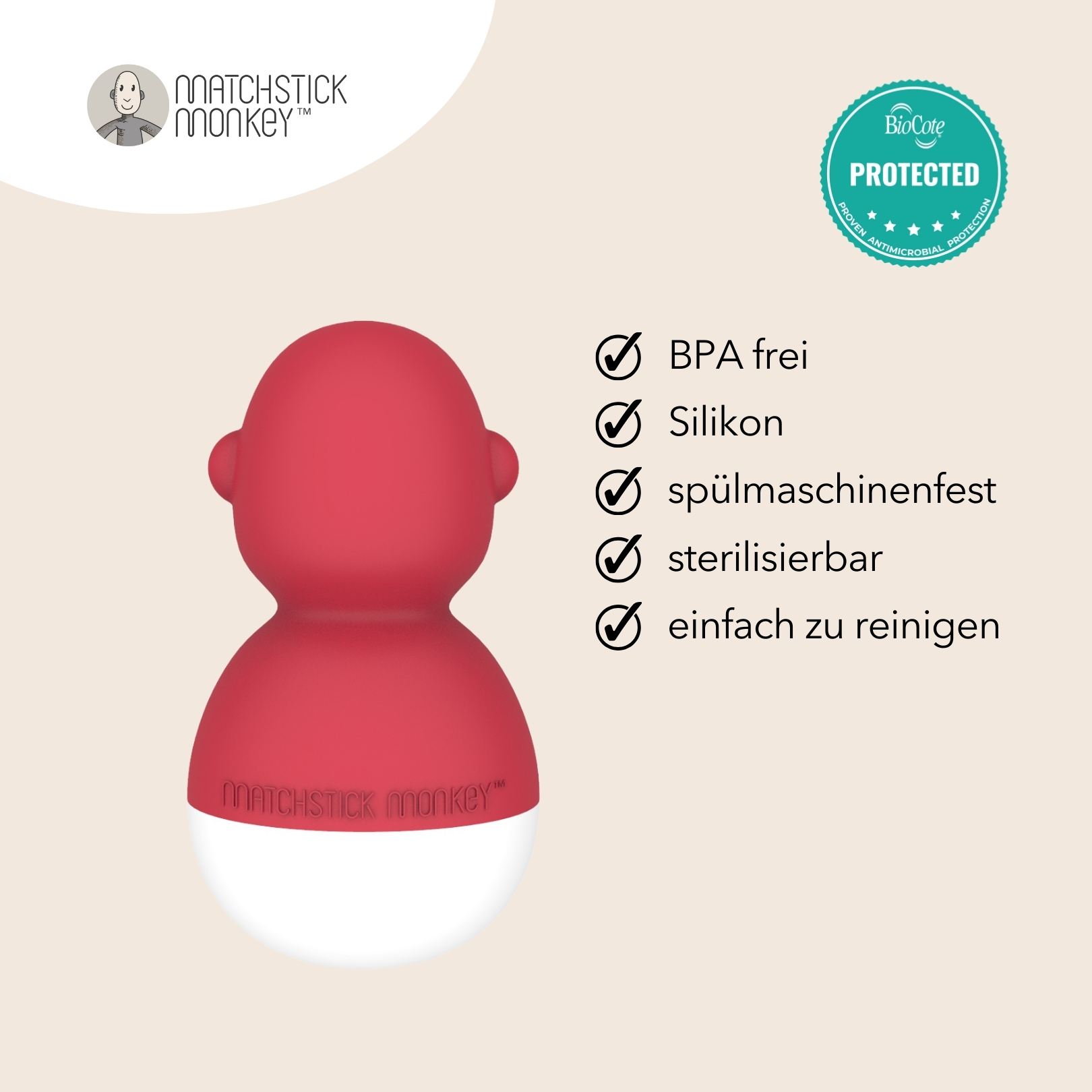 Rotes und weißes Babyspielzeug. Text weist auf BPA-frei, Silikon, spülmaschinenfest, sterilisierbar und leicht zu reinigen hin.