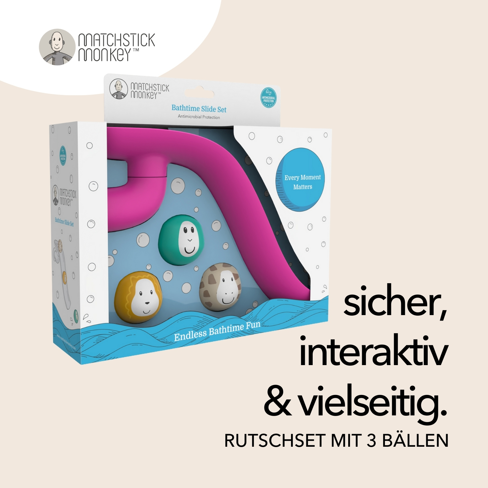 Ein Spielzeug-Rutschset mit einer pinkfarbenen Rutsche und drei bunten Spielzeugbällen in einer Box mit Text.
