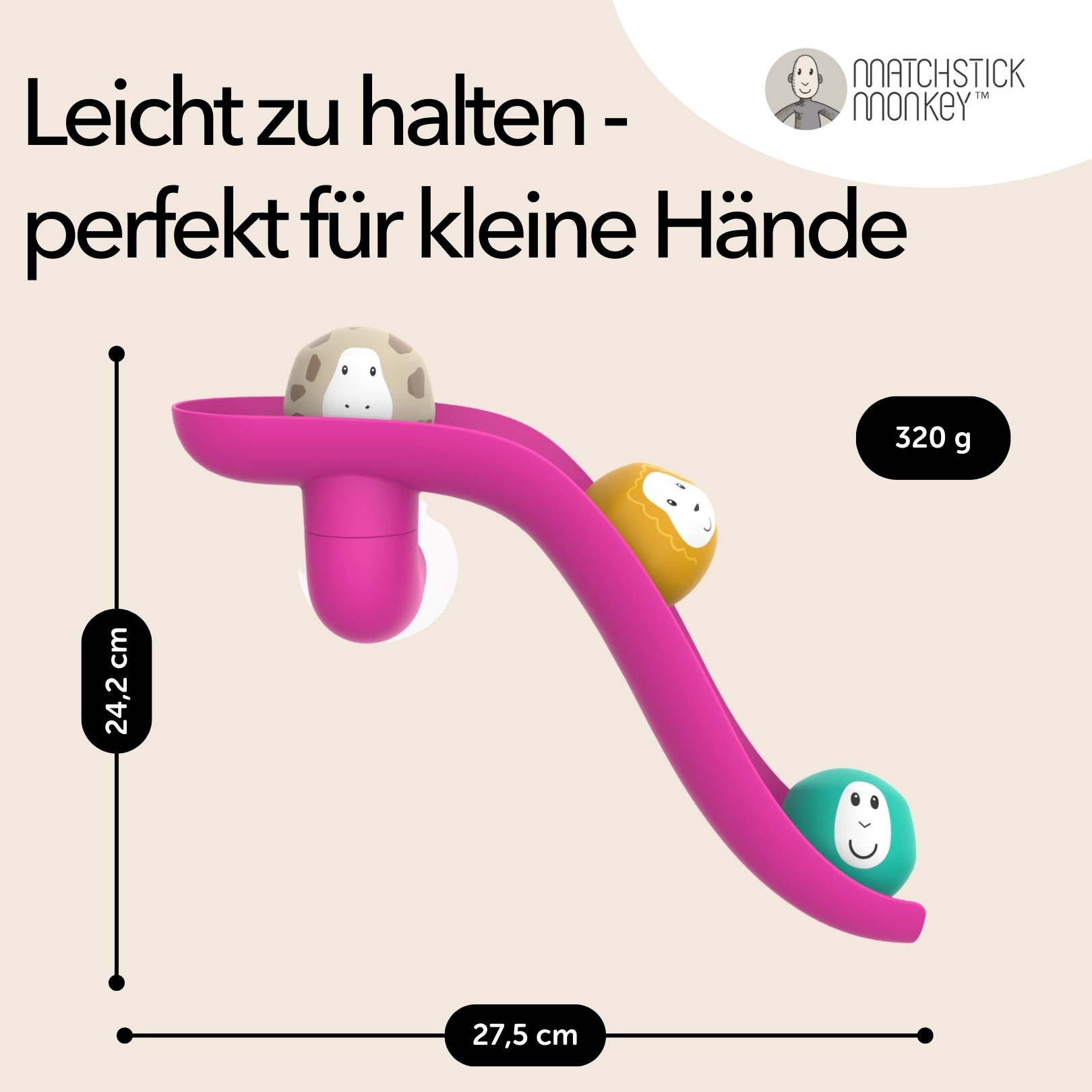 Ein rosa Spielzeug mit drei tierförmigen Bällen und Maßangaben.