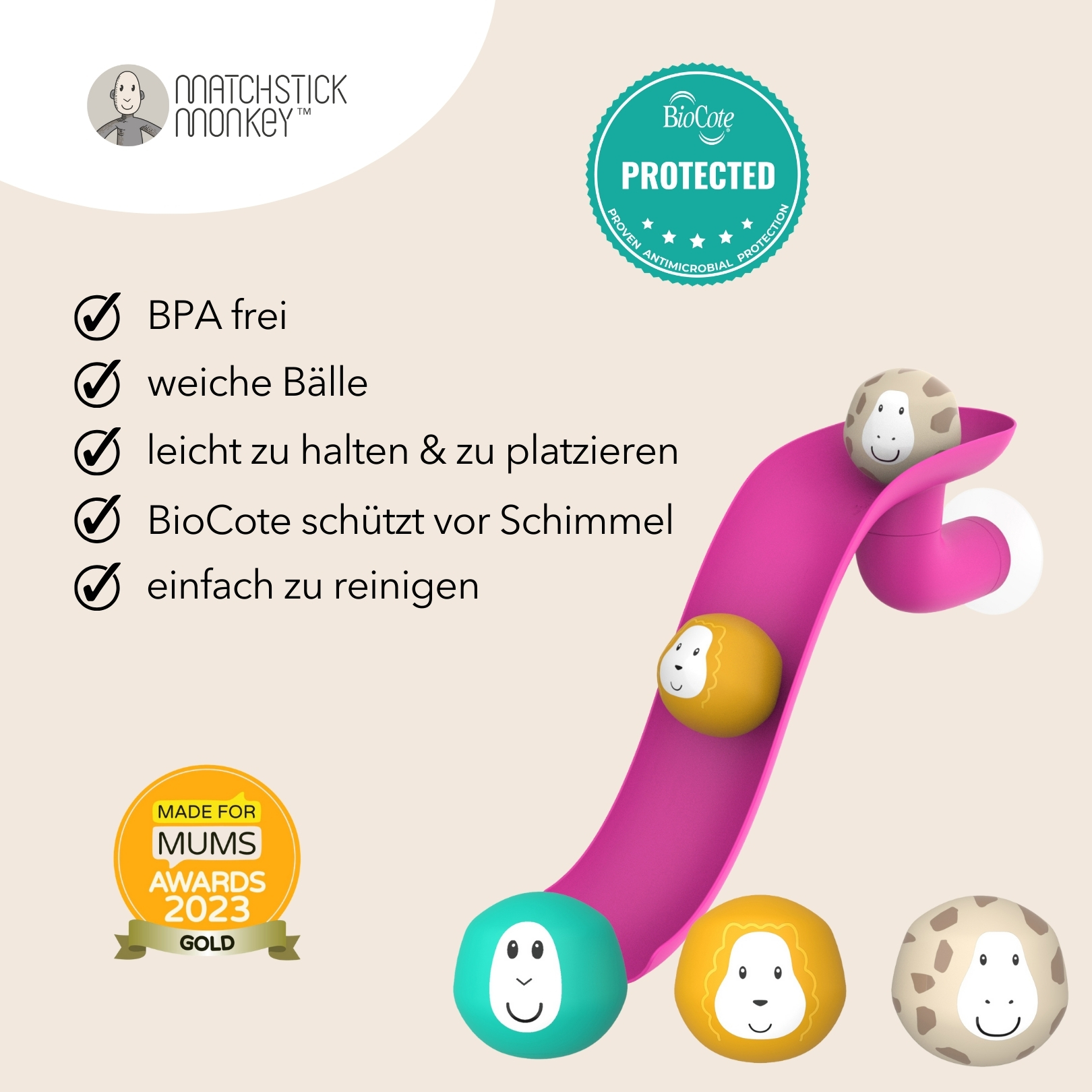 Spielzeugtierfiguren auf einer rosa Rutsche, mit Auszeichnungslogo.