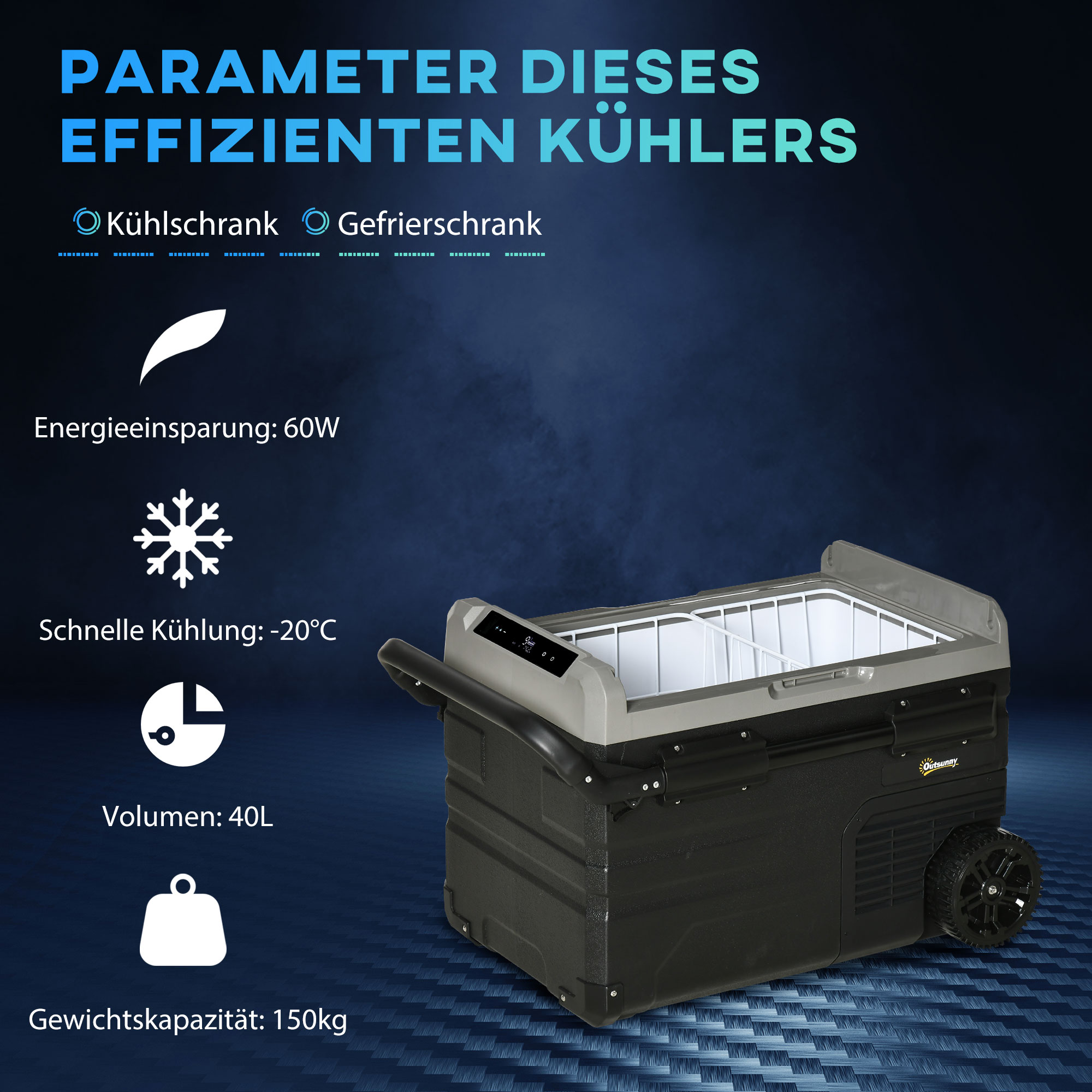 Tragbarer Kühlschrank mit Parametern: Volumen, Energieeinsparung und Kühlung.