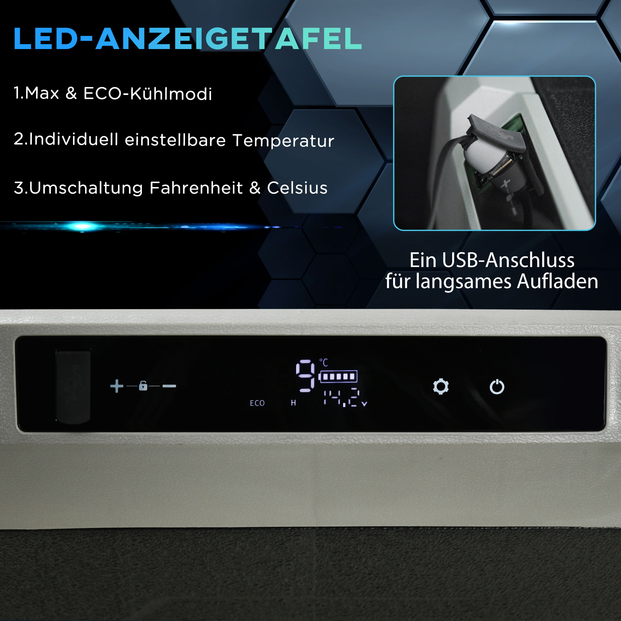 Schwarzes Display, das Temperatur und Einstellungen anzeigt. Text: LED-Anzeigetafel. USB-Anschluss zum Aufladen.