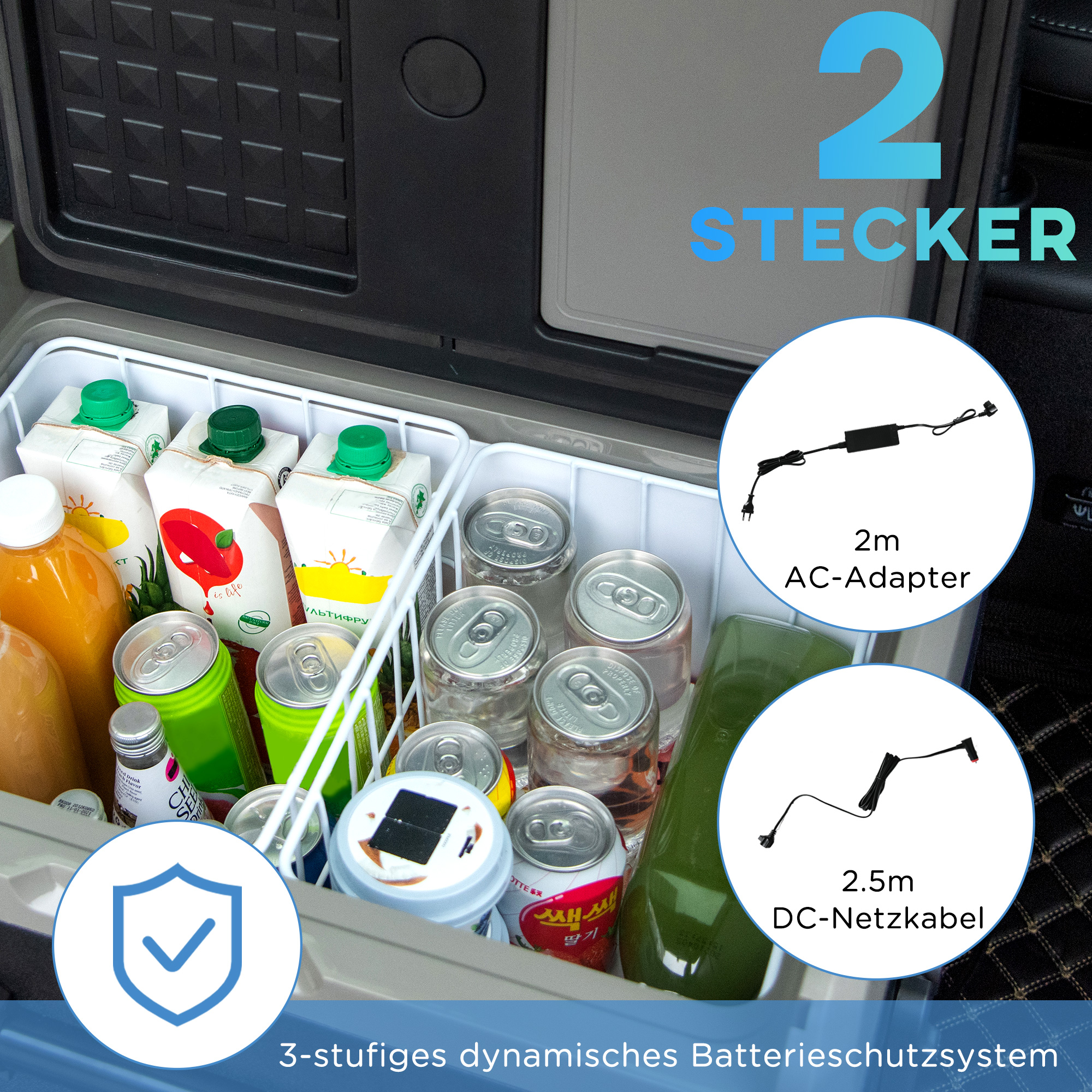 Eine Kühlbox mit Getränken und einem Netzteil. Es gibt zwei Adapter und ein Batterieschutzsystem.