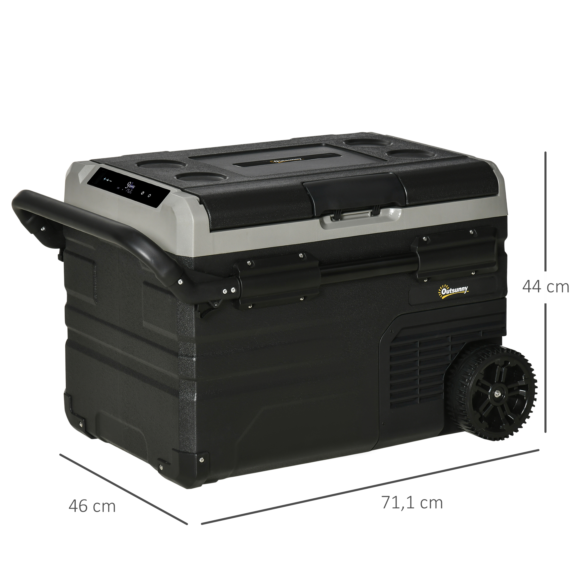 Schwarz-graue Kühlbox mit beschrifteten Abmessungen. Räder an der Seite. Weißer Hintergrund.