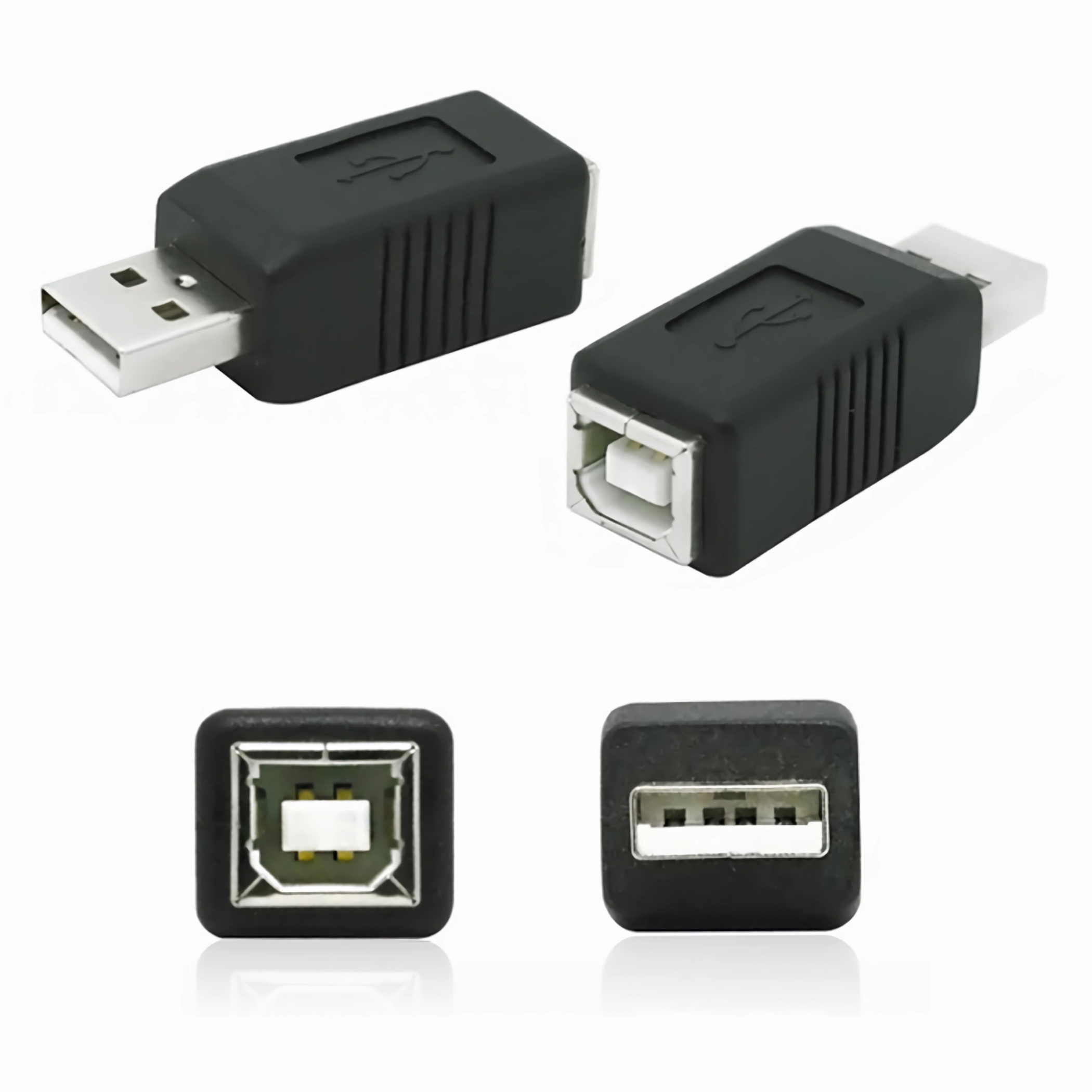 Drei schwarze USB-Adapter. Zwei sind Seitenansichten, einer ist eine Draufsicht.