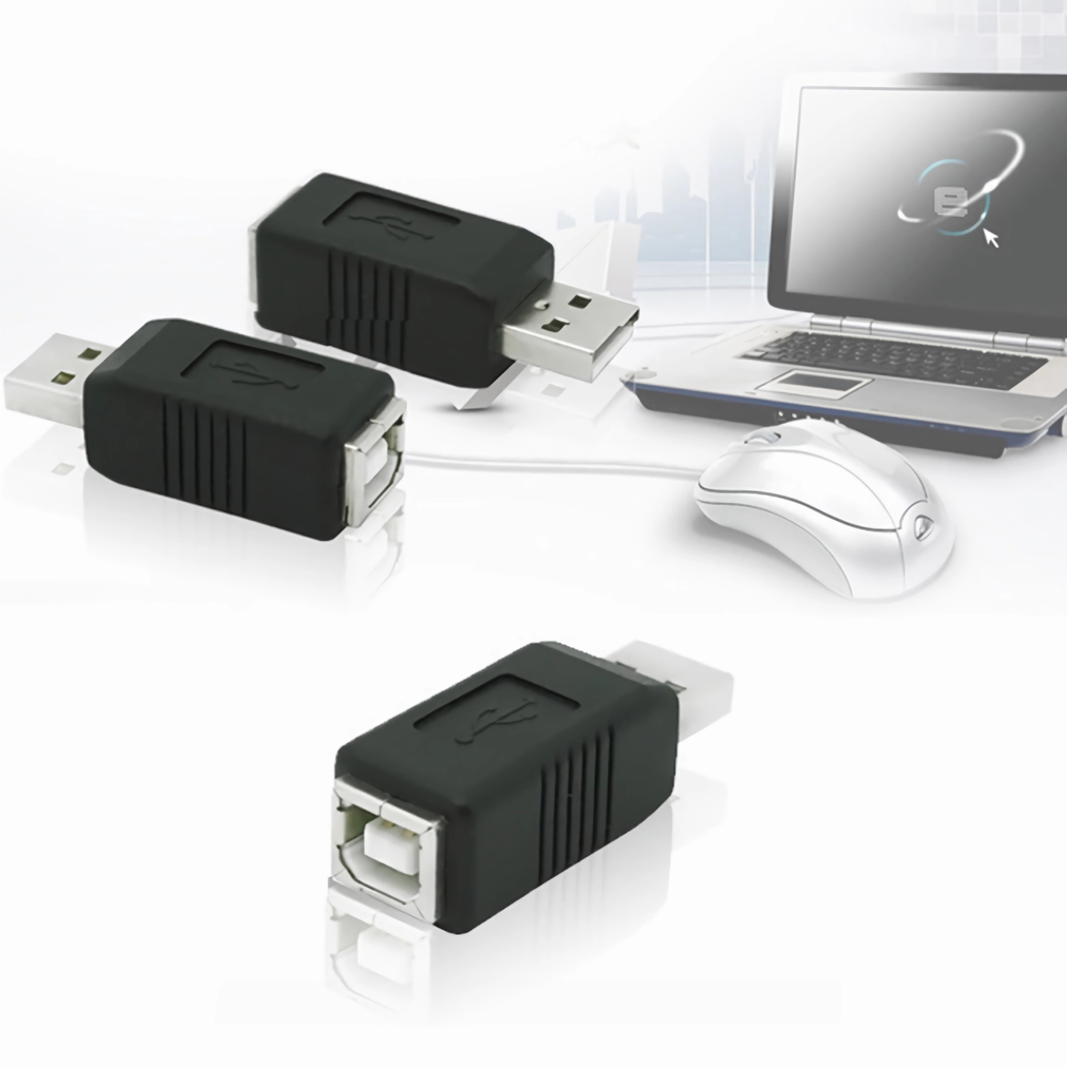 Drei USB-Adapter, zwei in Gebrauch mit Laptop und Maus, alle auf weißem Hintergrund.