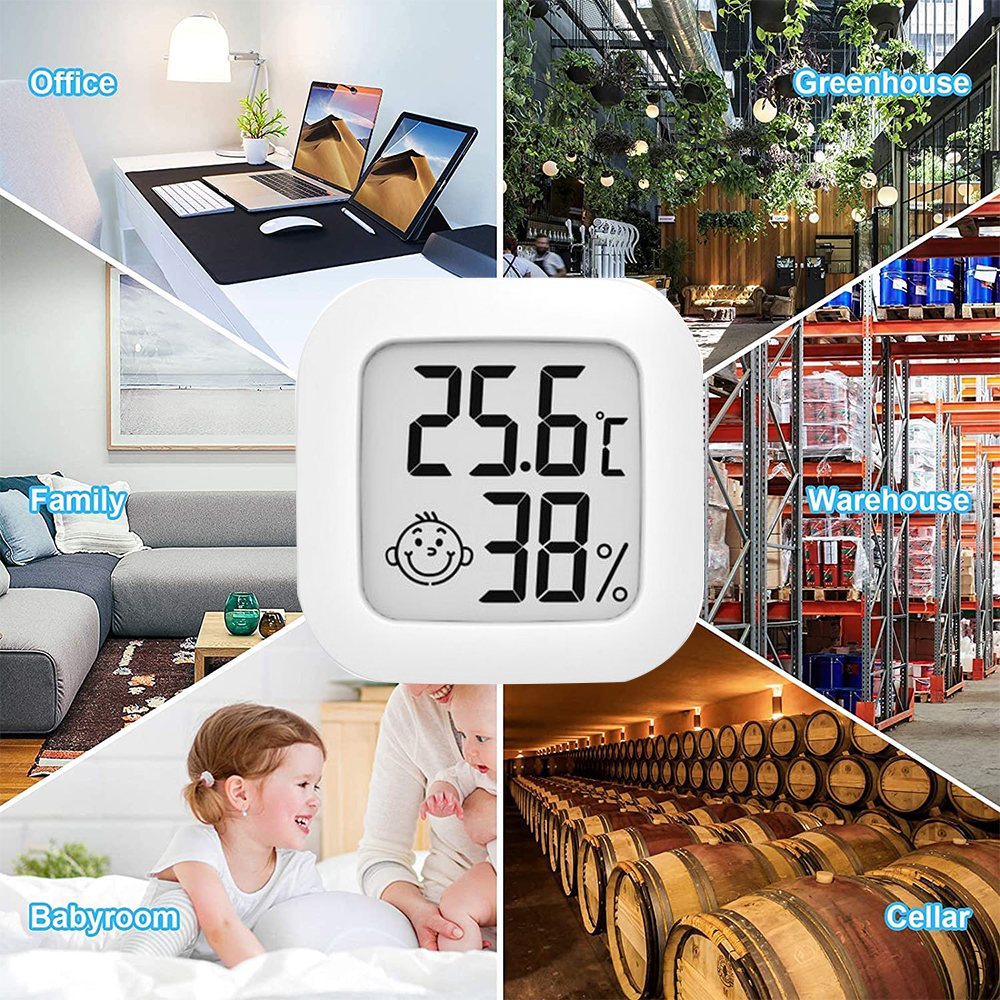 Ein digitales Thermometer, umgeben von Szenen: Büro, Familie, Babyzimmer, Gewächshaus, Lagerhalle und Keller.