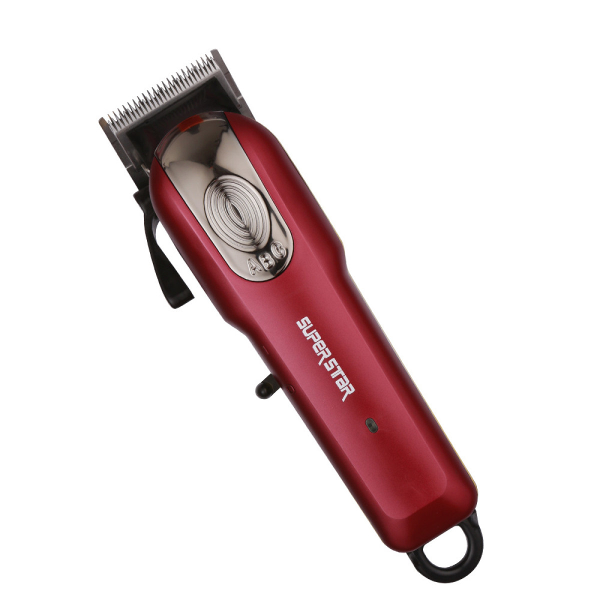 Roter Super Star Haarschneider. Metallisch rote Oberfläche, schwarzer Griff und Klinge. Knopf oben.