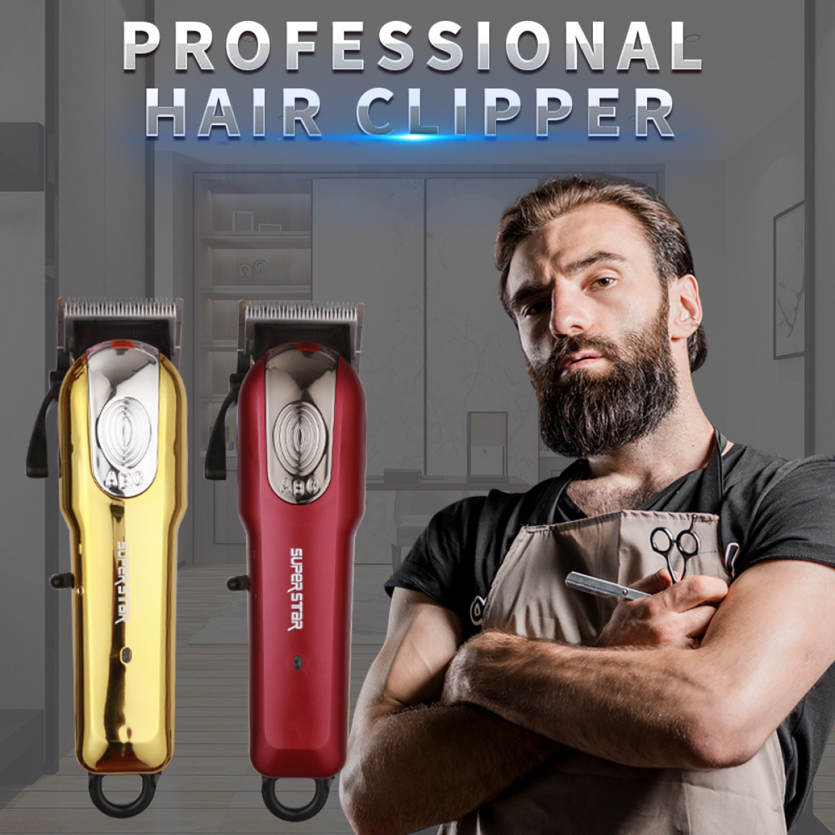 Ein Mann mit einer Schere steht neben zwei Haarschneidemaschinen.