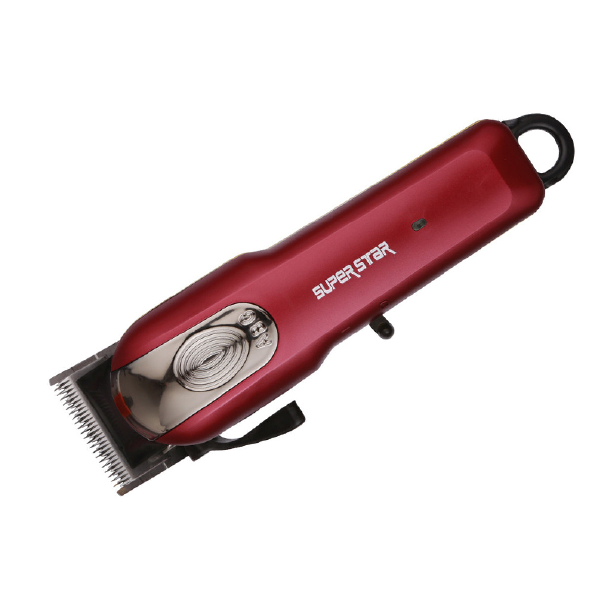 Ein roter Haarschneider auf weißem Hintergrund. Es steht das Wort SUPER STAR drauf.