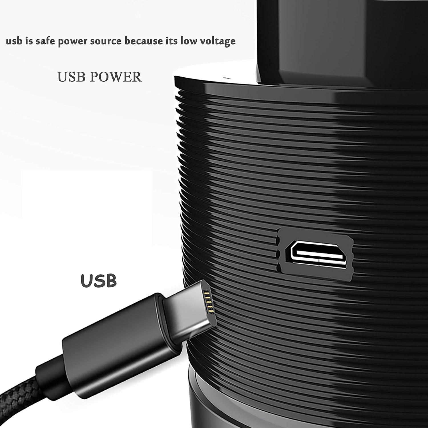 Ein USB-Kabel ist mit einem zylindrischen schwarzen Gerät verbunden, mit Text, der auf USB-Strom hinweist.