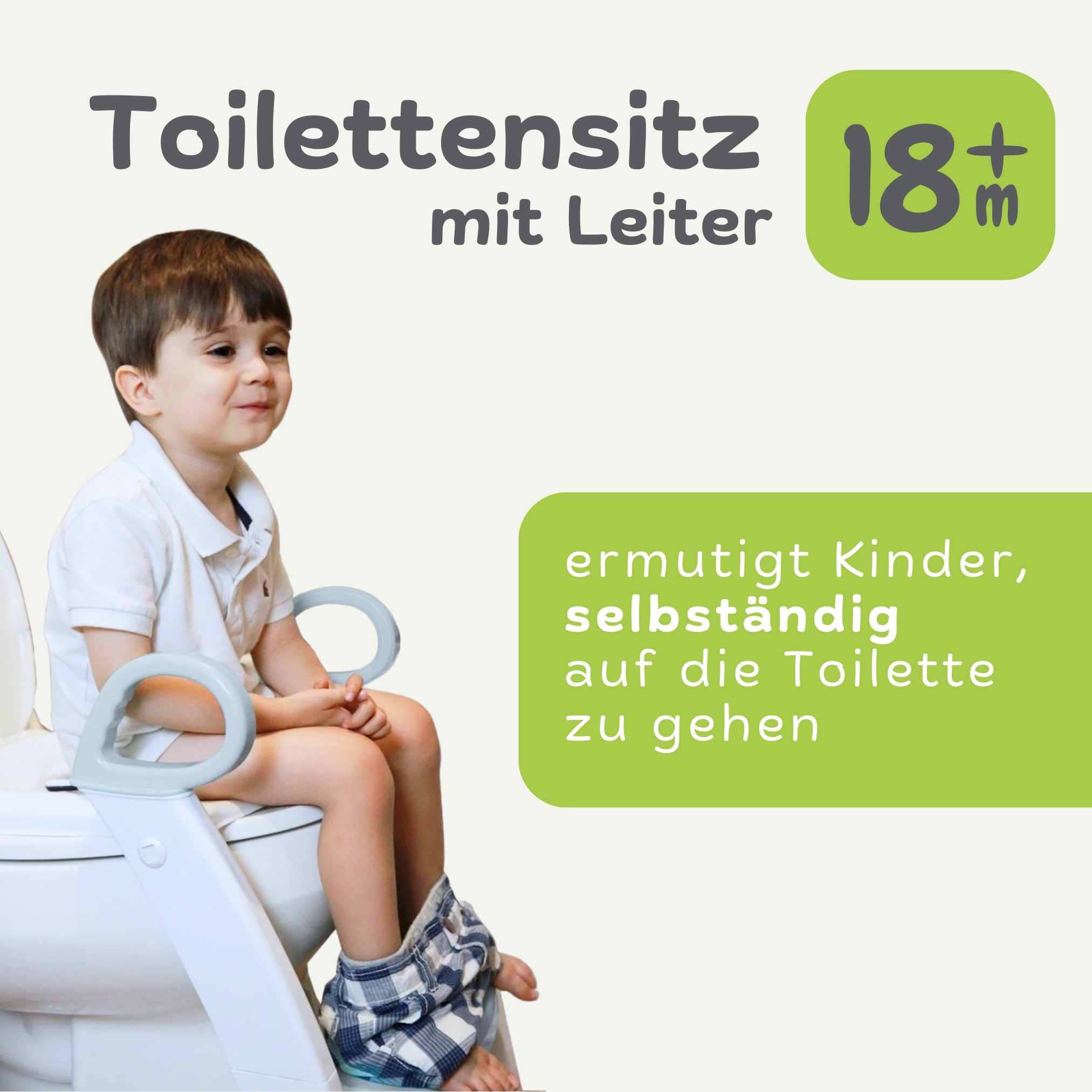 Ein Kind sitzt auf einer Toilette mit einer Leiter. Text auf Deutsch.