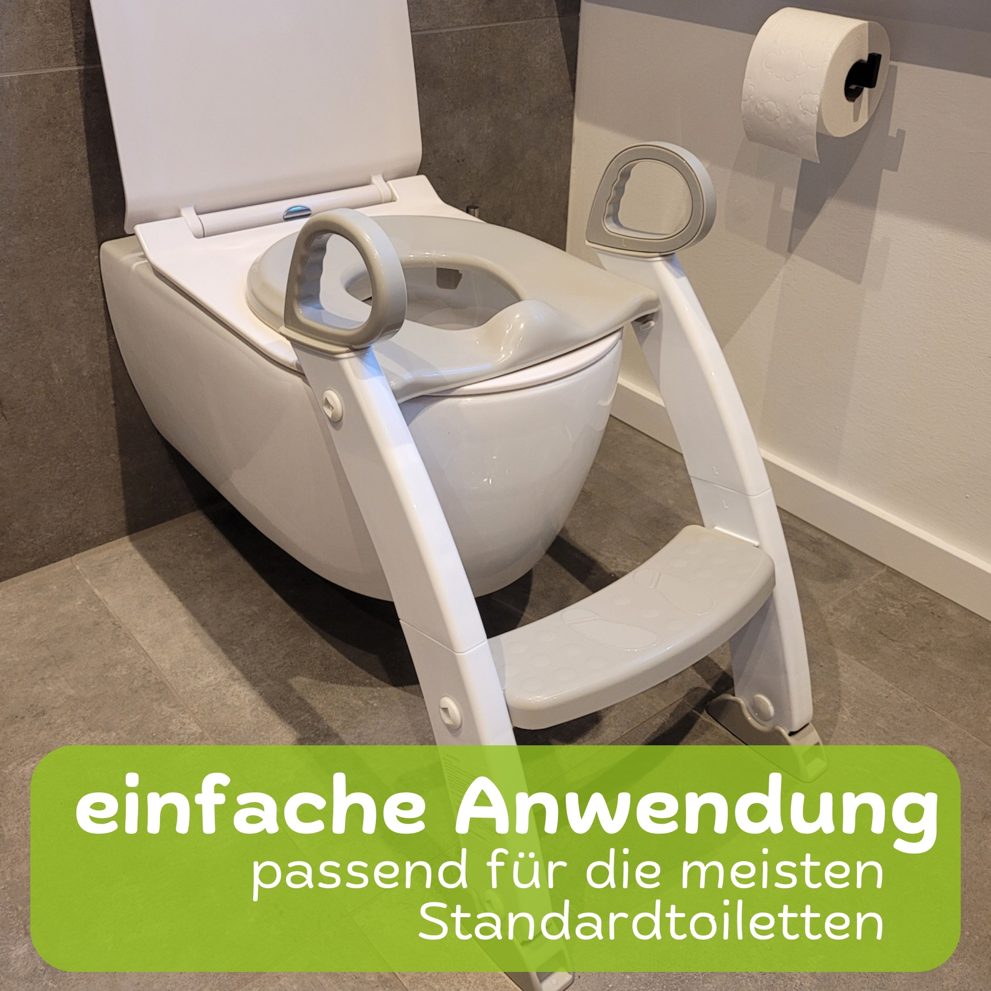 Toilette mit Kindersitz und Tritt, mit Text: einfache Anwendung, passt auf die meisten Standardtoiletten.