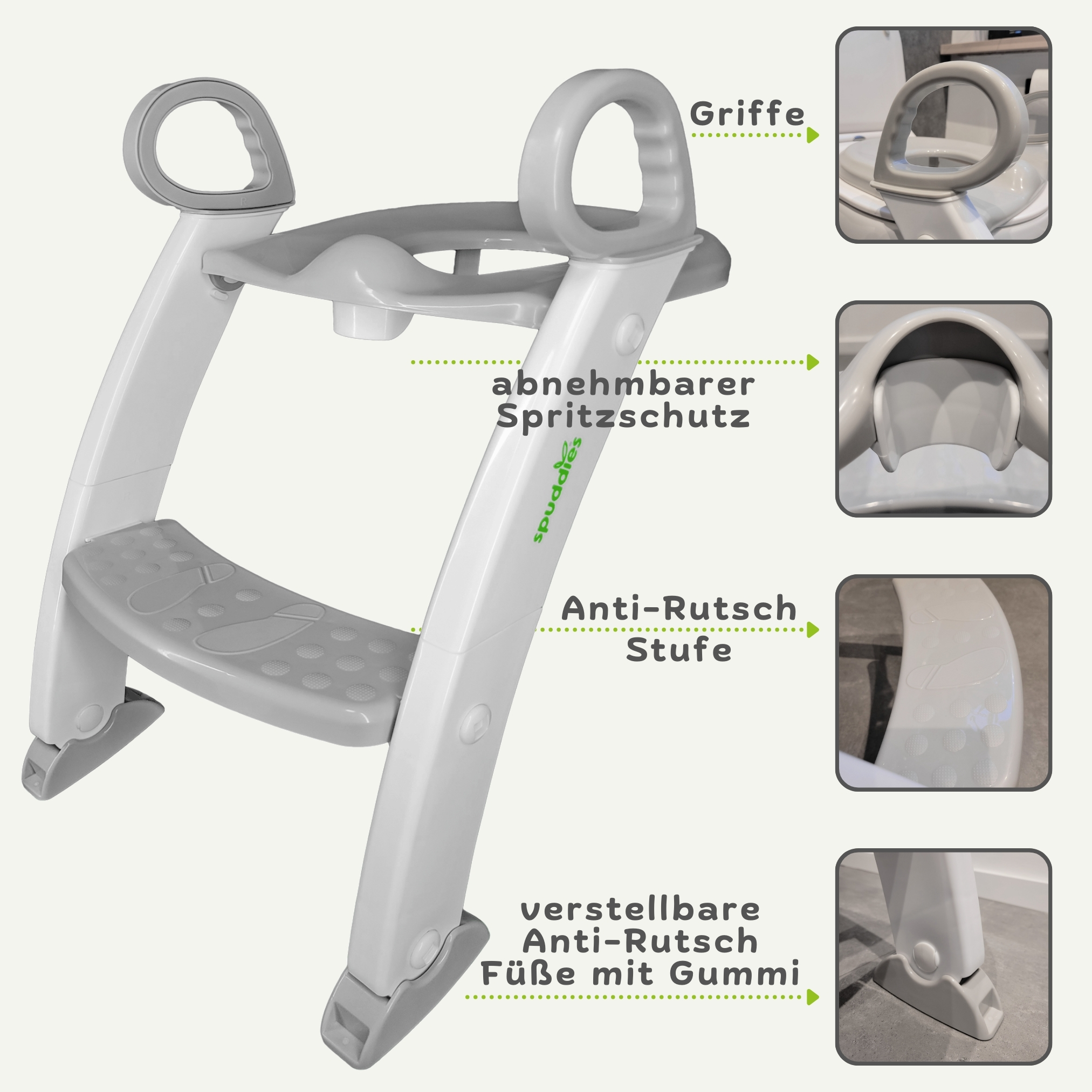 Weißer und grauer Töpfchentrainer-Trittschemel mit Bildern. Der Hocker hat Griffe und Stufen.