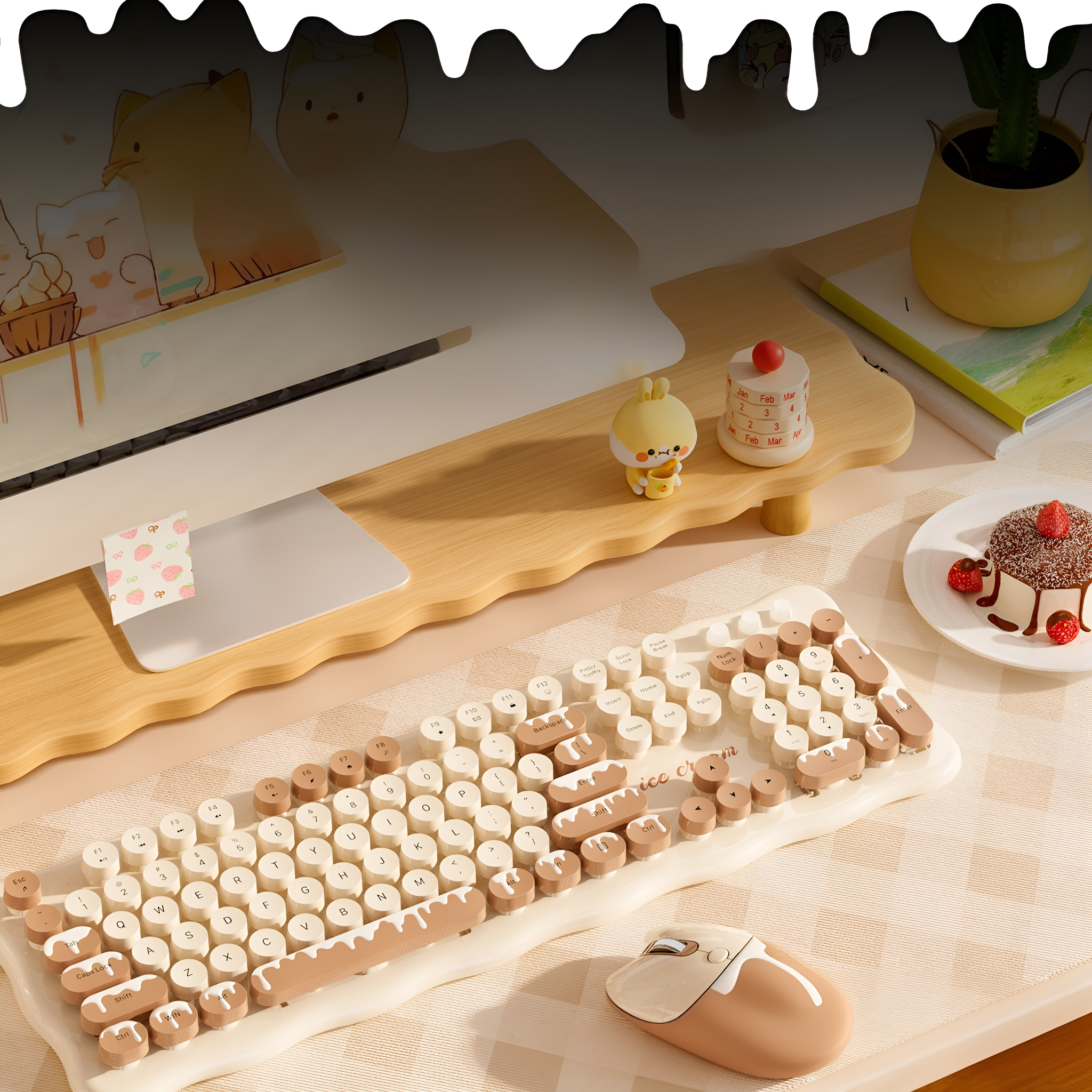 Tastatur mit Eiscreme-Tasten. Maus und Schreibtisch mit Kuchen und anderen Gegenständen. Weißer Hintergrund.