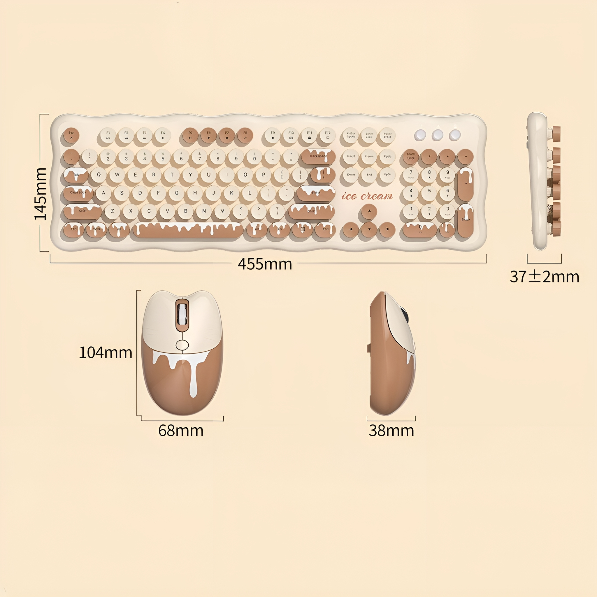 Creme- und braunes Tastatur- und Maus-Set, mit angegebenen Abmessungen.