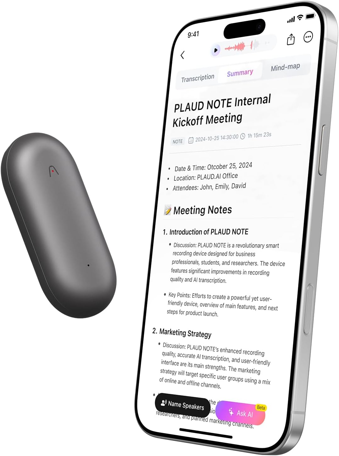 Smartfon wyświetlający transkrypcję spotkania i małe urządzenie nagrywające w pobliżu.