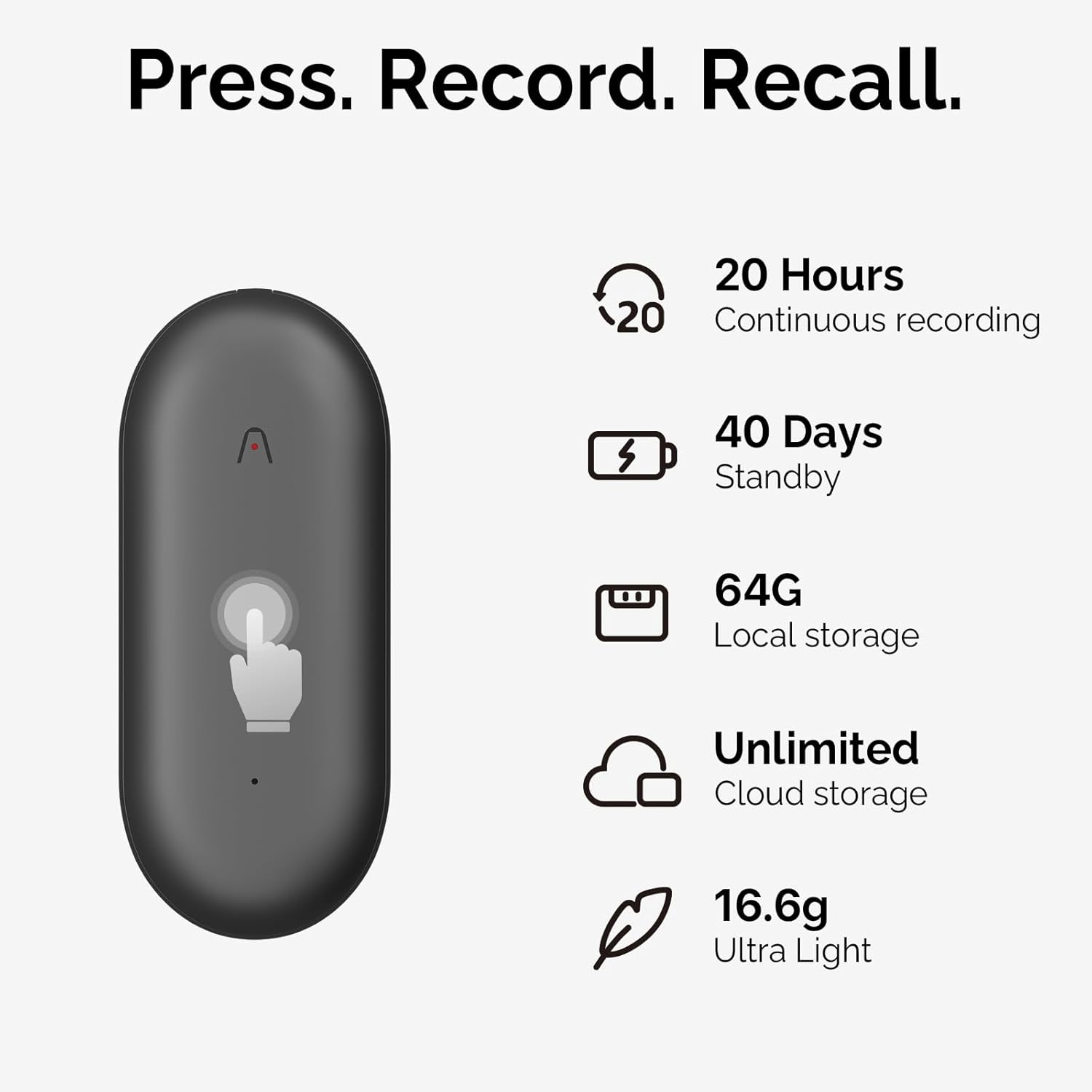 Czarny rejestrator z ikonami i tekstem. Białe tło.