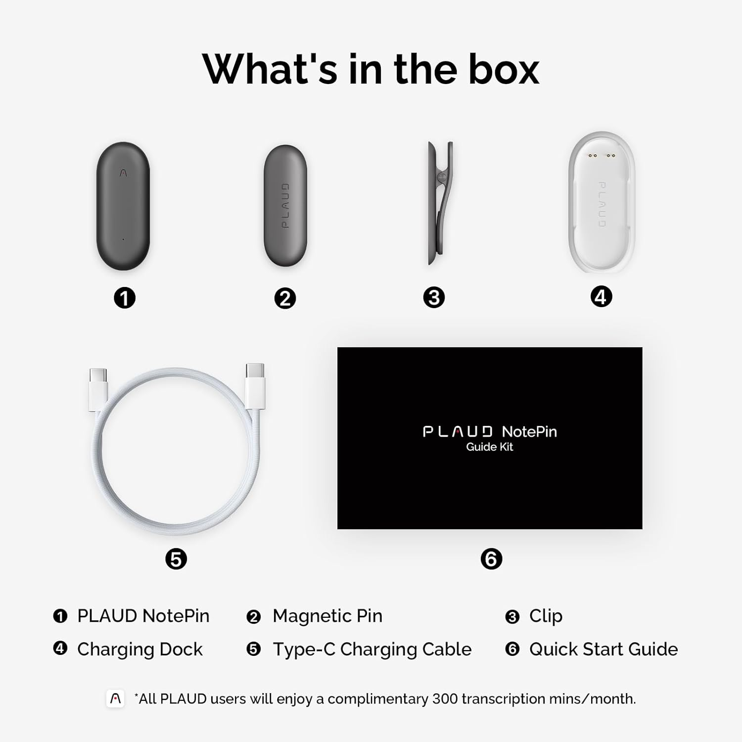 Was ist in der Box. Artikel 1-6: Plaud NotePin, Magnetischer Pin, Clip, Ladestation, Typ-C-Kabel, Guide-Kit.