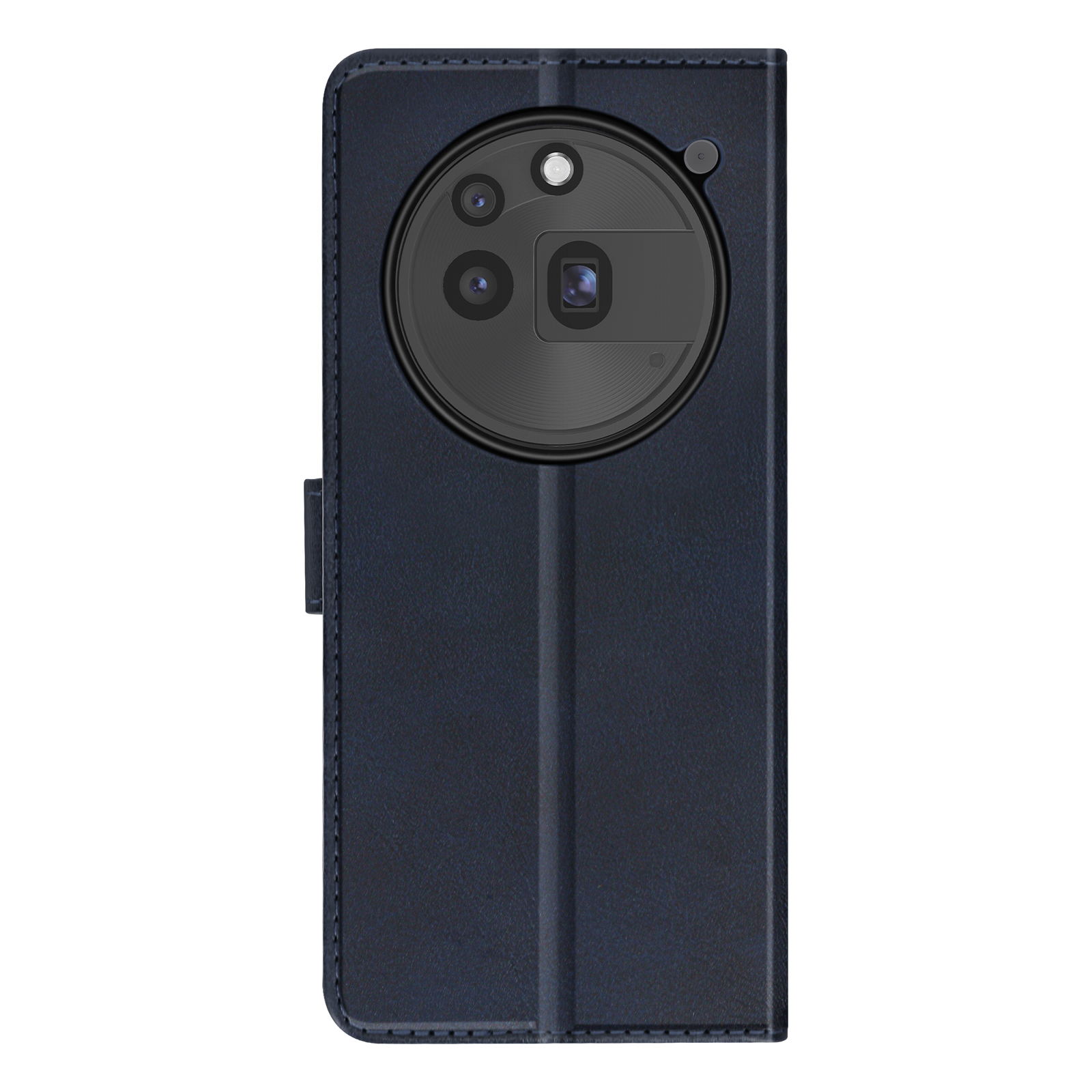 Custodia per telefono blu scuro chiusa con modulo fotocamera e lente. Sfondo nero.