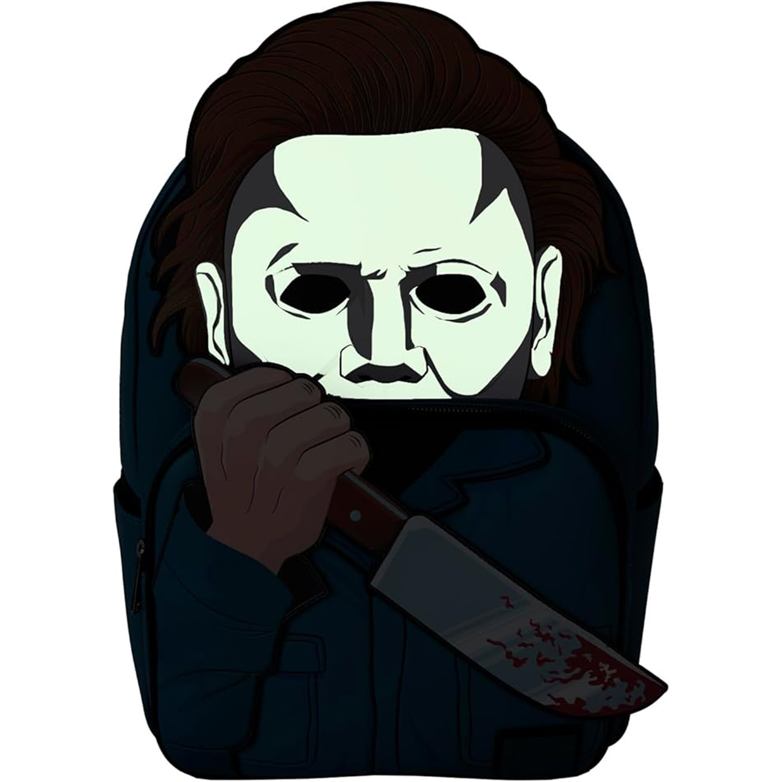 Michael Myers Rucksack mit Messer, vor tealfarbenem Hintergrund.