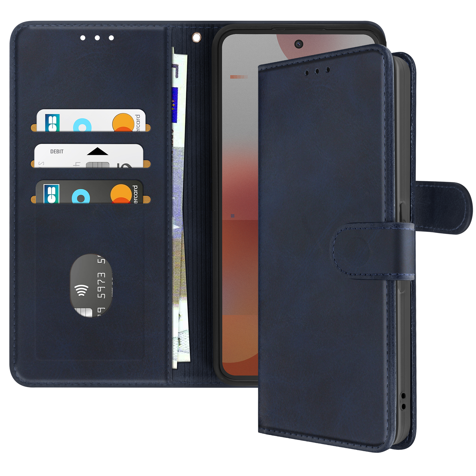 Custodia per telefono in pelle blu. Porta carte, denaro e ha una chiusura magnetica.